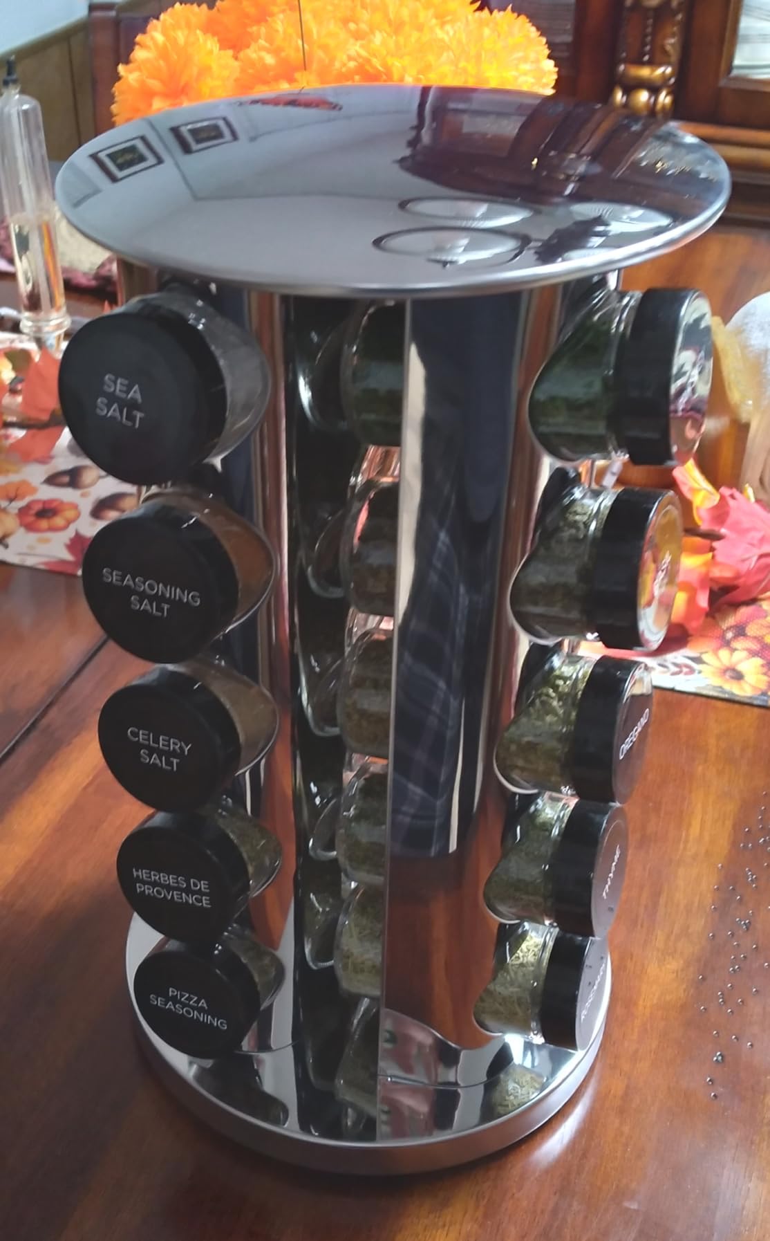 Kamenstein 20 Jar Revolving Countertop Spice Rack with Spices Included, FREE Spice Refills for 5 Years, Polished Stainless Steel with Black Caps, 30020 customer photo 1