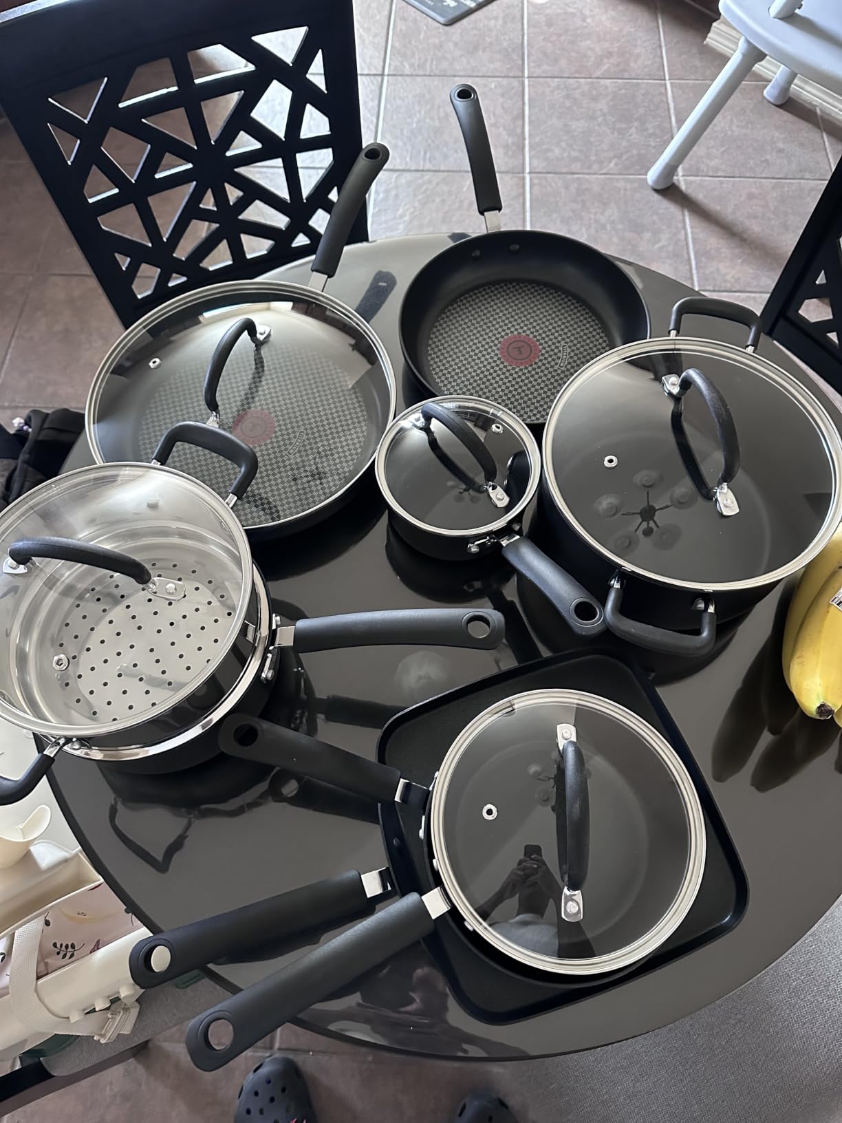 T-fal Ultimate Hard Anodized Nonstick Pots and Pans Set, 14-Piece, Onyx, Titanium nonstick coating, Thermo-Spot heat indicator, Oven safe to 400F, Dishwasher safe customer photo 1