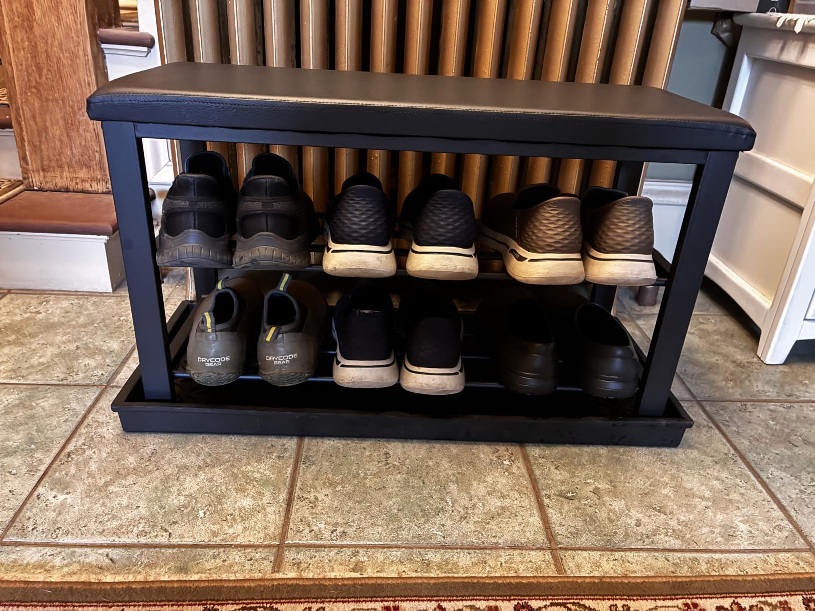 Finnhomy Entryway Shoe Rack with Cushioned Seat, Shoe Bench for Entry, 2 Shelves Storage Bench w/Faux Leather Top Bed Bench, Black customer photo 2
