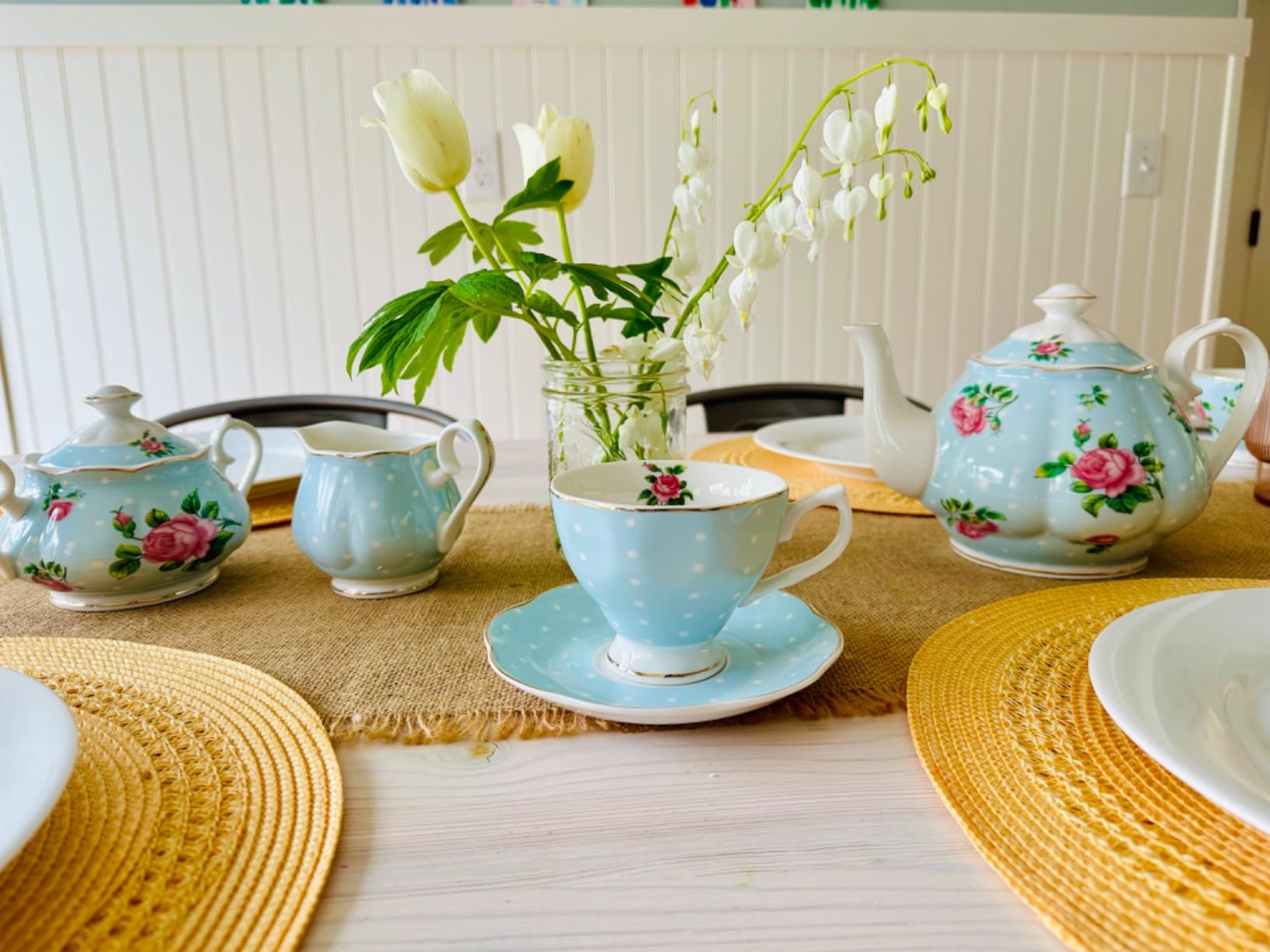 BTaT- Floral Tea Sets for Adults, 13 pcs, Service for 4, Pot (38 oz) & Cups (8 oz) with Saucers, Pastel Blue Floral Design, Porcelain Tea Set for Adult, Dishwasher Safe customer photo 1