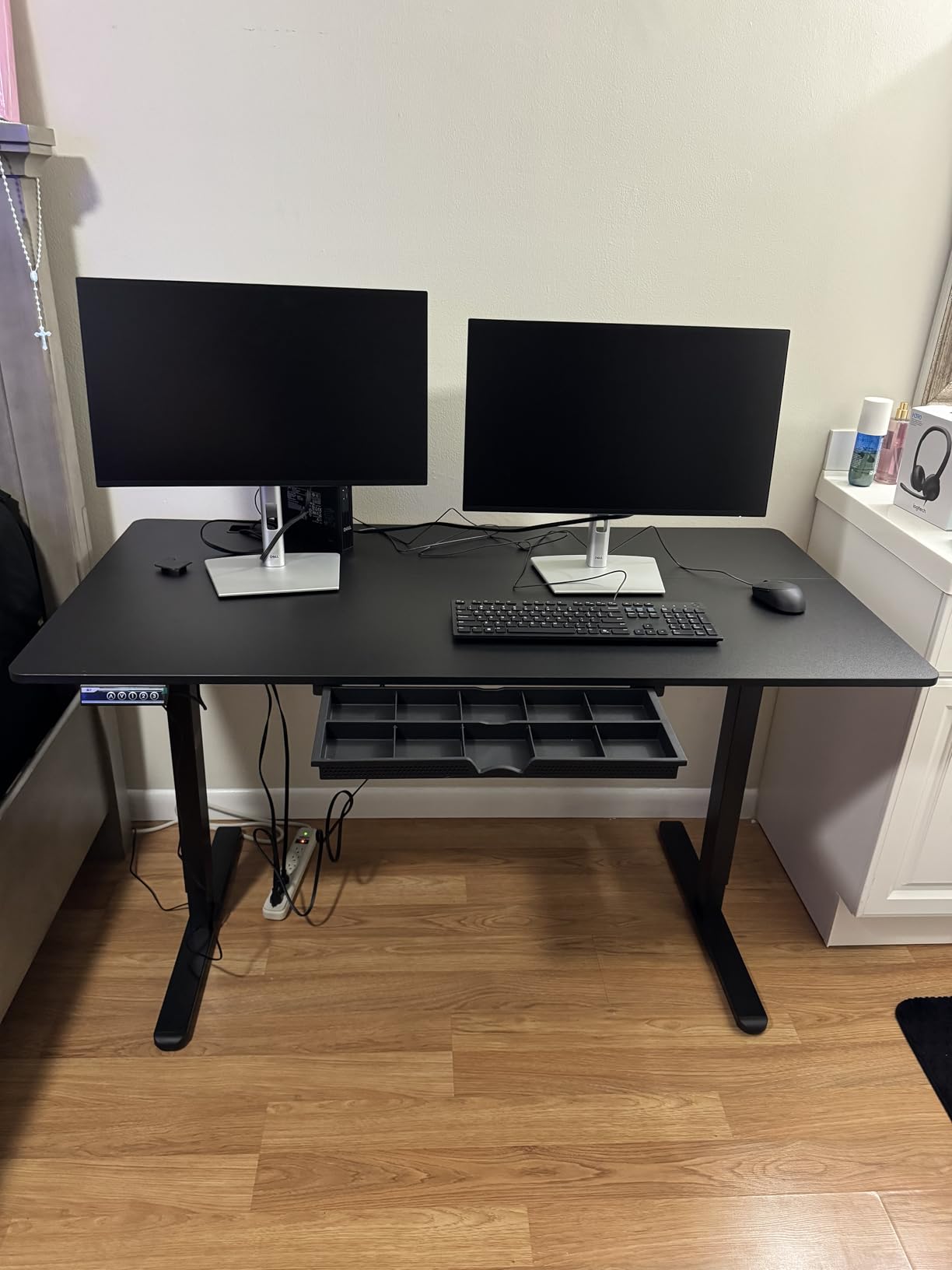 SHW 55 x 28 Electric Height Adjustable Standing Desk w/Drawer, Maple | w/ Memory Presets and Cable Management | Drawer with adjustable compartments | Hanging Hooks customer photo 1