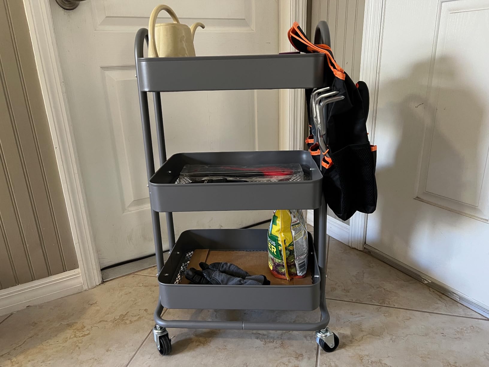 Amazon Basics 3-Tier Rolling Utility or Kitchen Cart, Lockable Wheels, Multifunctional Storage, Mobile Shelving Unit, Metal Storage Organizer, Charcoal customer photo 2