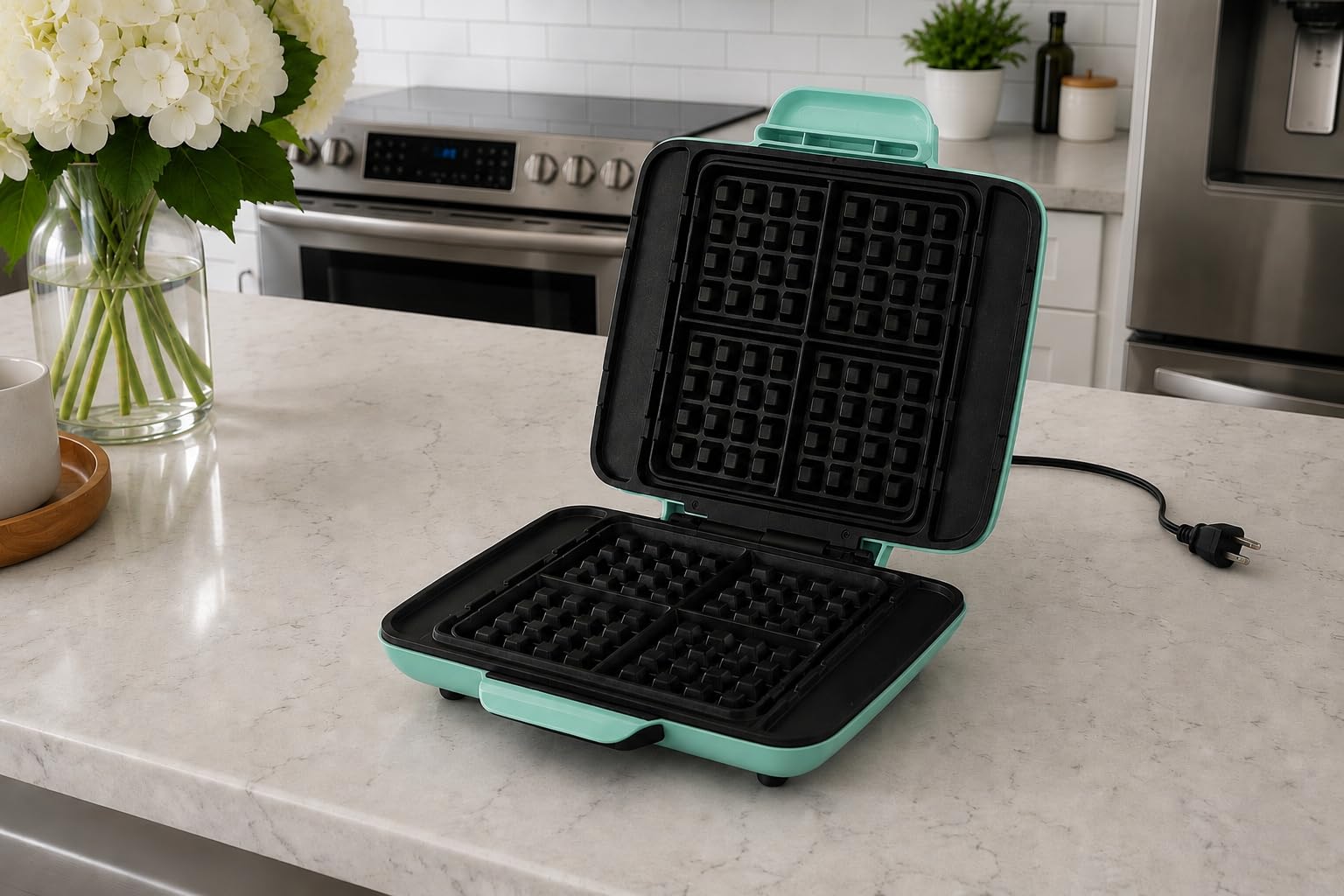 DASH No-Drip Waffle Maker: Waffle Iron 1200W + Waffle Maker Machine For Waffles, Hash Browns, or Any Breakfast, Lunch, & Snacks with Easy Clean, Non-Stick + Mess Free Sides - Aqua | Small Waffle Iron for Families, Kids Breakfast Sandwiches, Waffle Sticks, Chaffles & Hash Browns, Nonstick customer photo 1