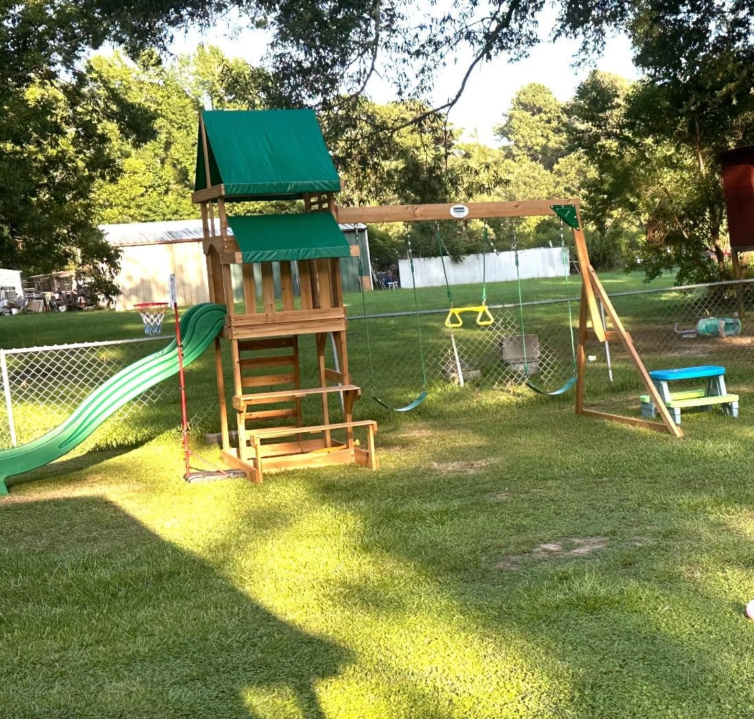Backyard Discovery Belmont Cedar Wood Swing Set with Wave Slide, Play Deck, Rock Wall Ladder, Snack Bar Window, Shaded Picnic Area, Bench, Belt Swings, Trapeze, Sandbox Area, Canopy, Outdoor Playset customer photo 1