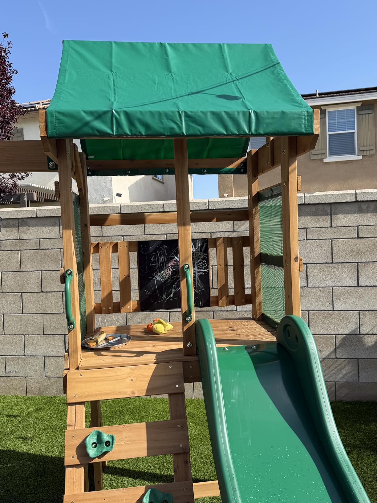 Backyard Discovery Buckley Hill Cedar Wood Swing Set with Wave Slide, Play Deck, Rock Wall Ladder, Belt Swings, Chalkboard, Canopy Roof, Outdoor Playset customer photo 2