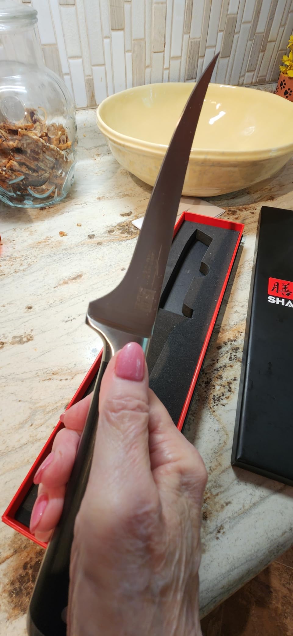 SHAN ZU Fillet Knife 7 Inch - Edge Deboning Fish and Meat Knife | For Fillet, Fish, Meat, Kitchen, 5Cr15MoV Stainless Steel, Ergonomic Wood Handle, Razor Sharp, Gift Box Included customer photo 2