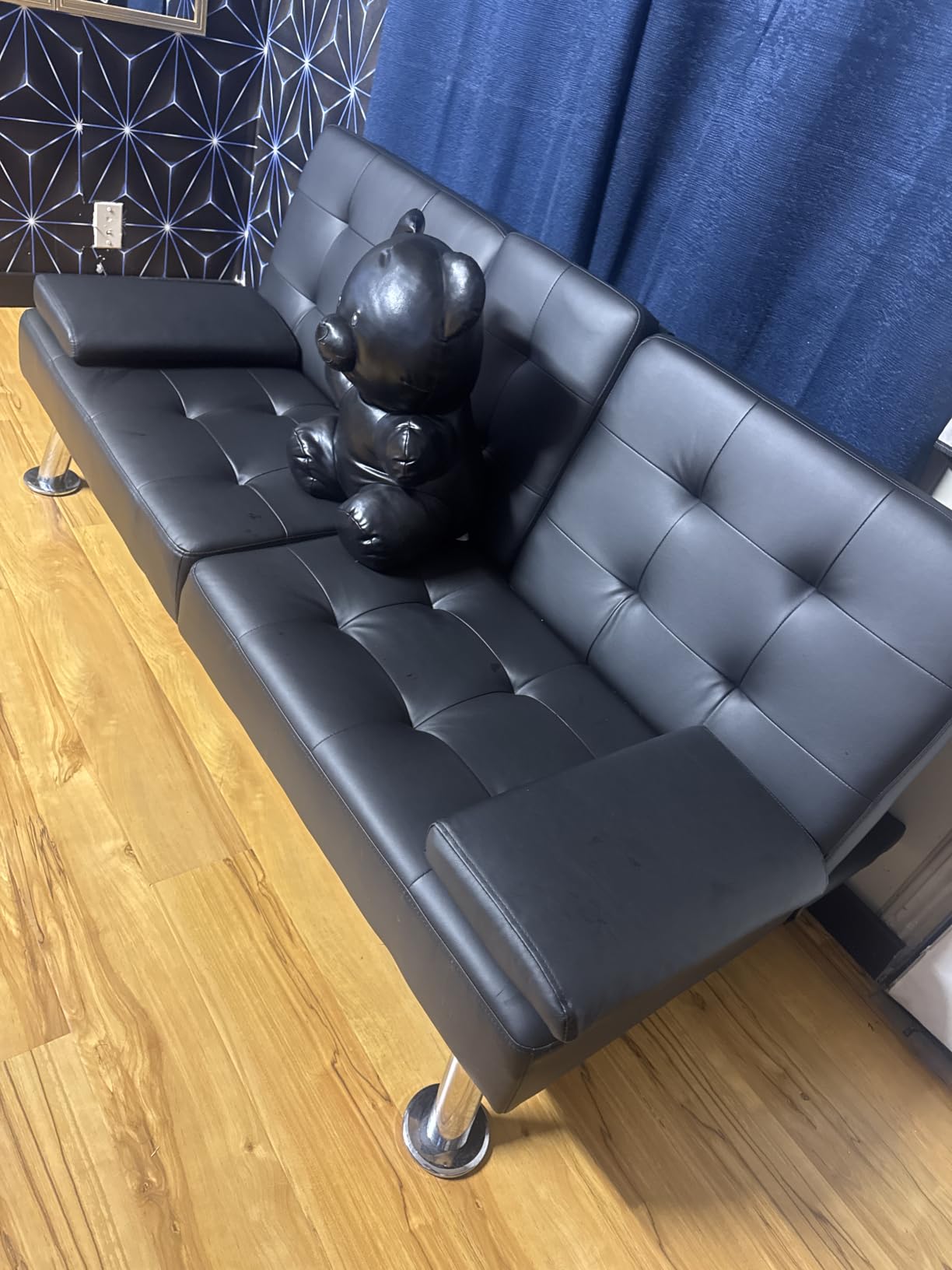 Flamaker Futon Sofa Bed, Black Faux Leather Convertible Loveseat Couch, Modern Adjustable Folding Futon Set with 2 Cup Holders & Removable Armrests, Recliner Lounge for Living Room & Apartment customer photo 2
