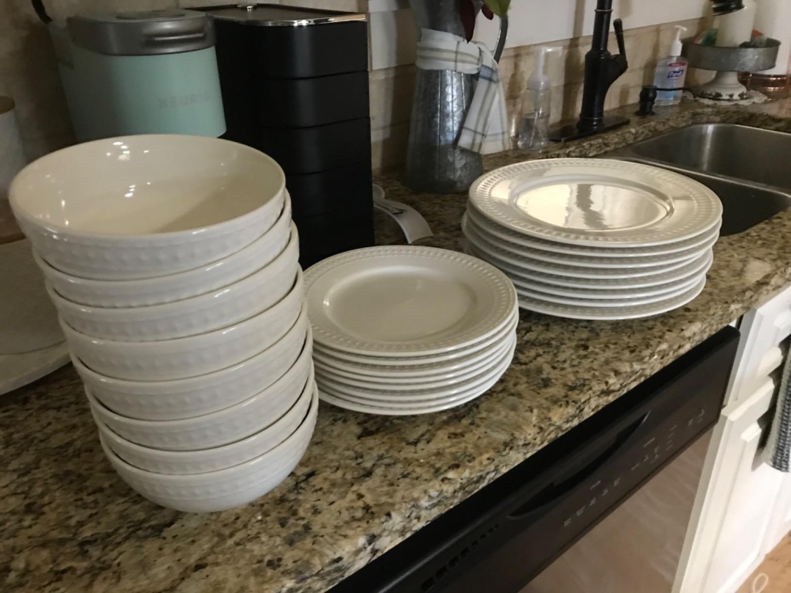 Tabletops Gallery Embossed Bone White Porcelain Round Dinnerware Collection- Chip Resistant Scratch Resistant, Fleur 16 Piece Dinnerware Set (Dinner Plate, Salad Plate, Cereal Bowl, Mug) customer photo 1