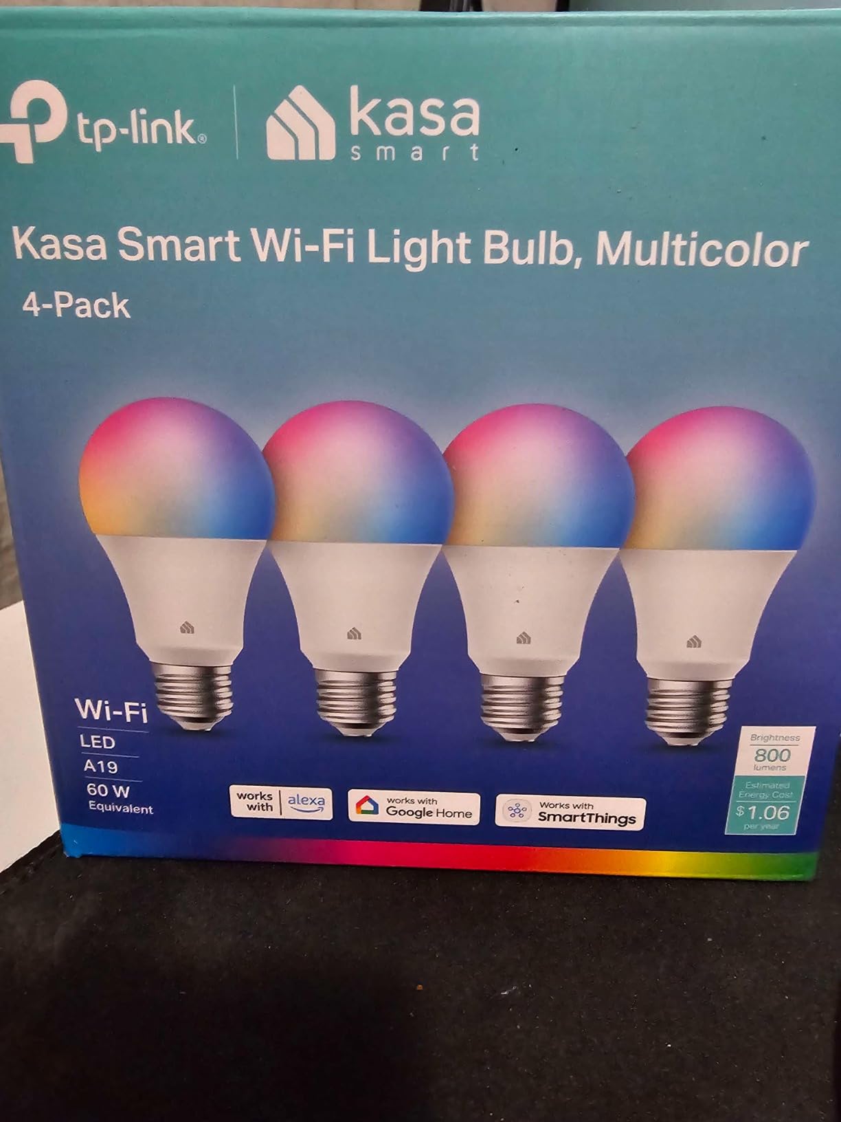 Kasa Multicolor Dimmable Wi-Fi Smart Bulb, A19, KL125P4 | 800LM, 9W, Full Color Changing, Smart Light Bulb Works with Alexa & Google Home, No Hub Required, 4-Pack customer photo 1