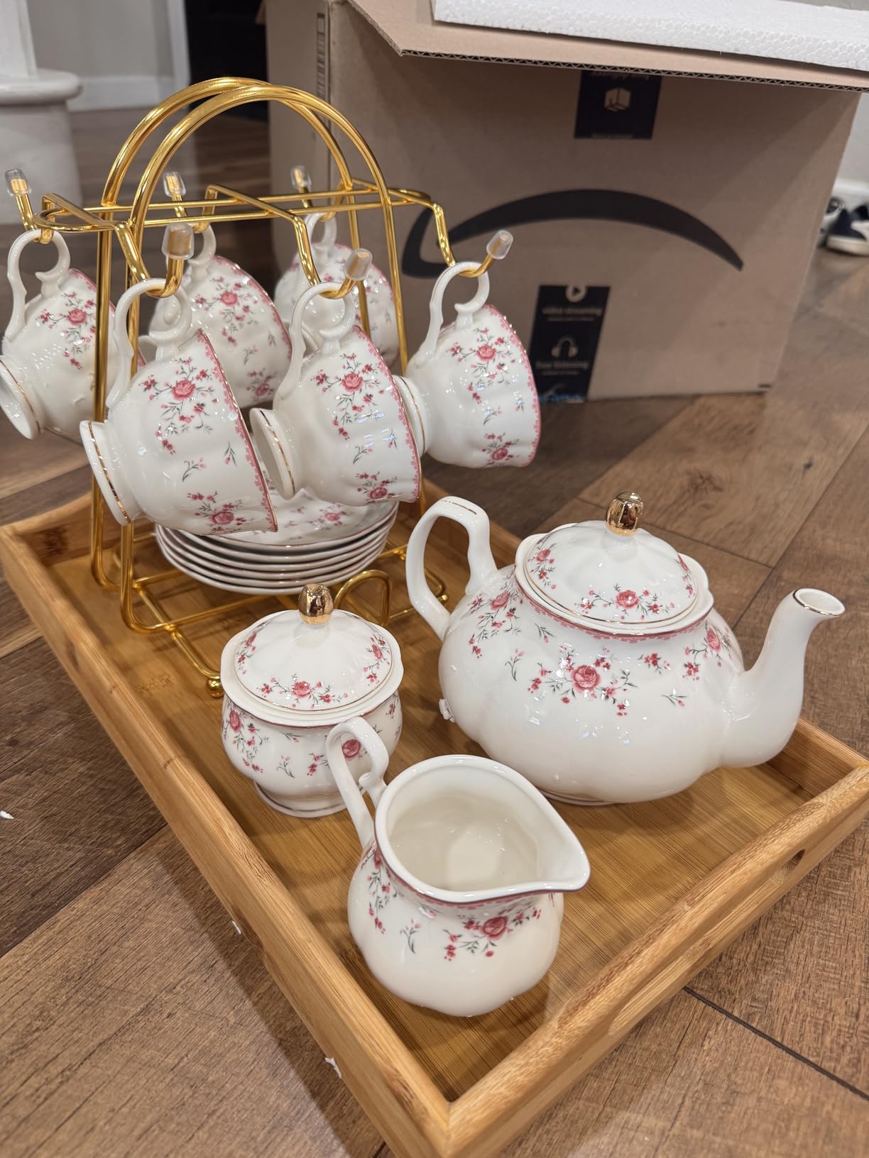 fanquare Blue Flowers Porcelain Tea Set, Tea Cup and Saucer Set Service for 6, Wedding Tea Set with Sugar Bowl Cream Pitcher, Floral Coffee Set for Tea Party customer photo 1