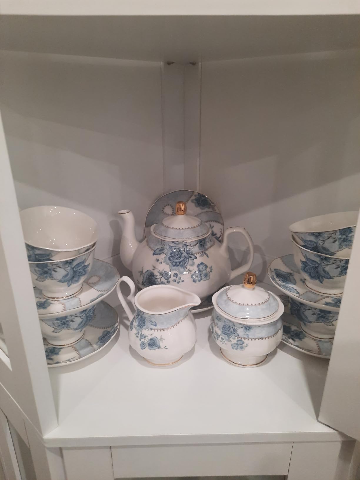 fanquare Blue Flowers Porcelain Tea Set, Tea Cup and Saucer Set Service for 6, Wedding Tea Set with Sugar Bowl Cream Pitcher, Floral Coffee Set for Tea Party customer photo 2