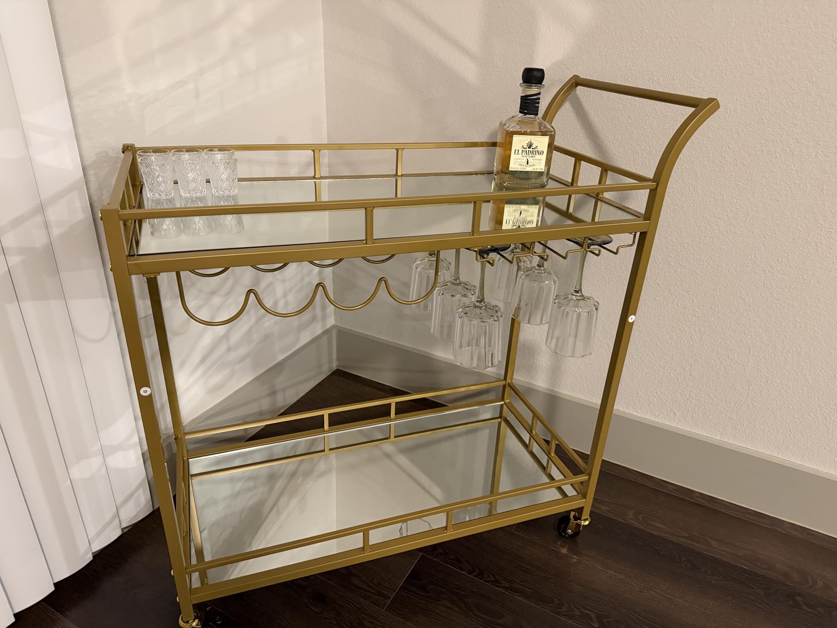 VASAGLE Bar Cart Gold, Home Bar Serving Cart, Wine Cart with 2 Mirrored Shelves, Wine Holders, Glass Holders, for Kitchen, Dining Room, Gold ULRC090A03 customer photo 1