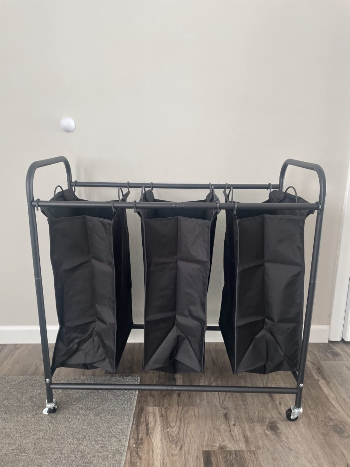 LINZINAR 3 Section Laundry Hamper, Black Laundry Basket 135L Laundry Sorter | Heavy Duty Rolling Lockable Wheels and Removable Bag customer photo 1