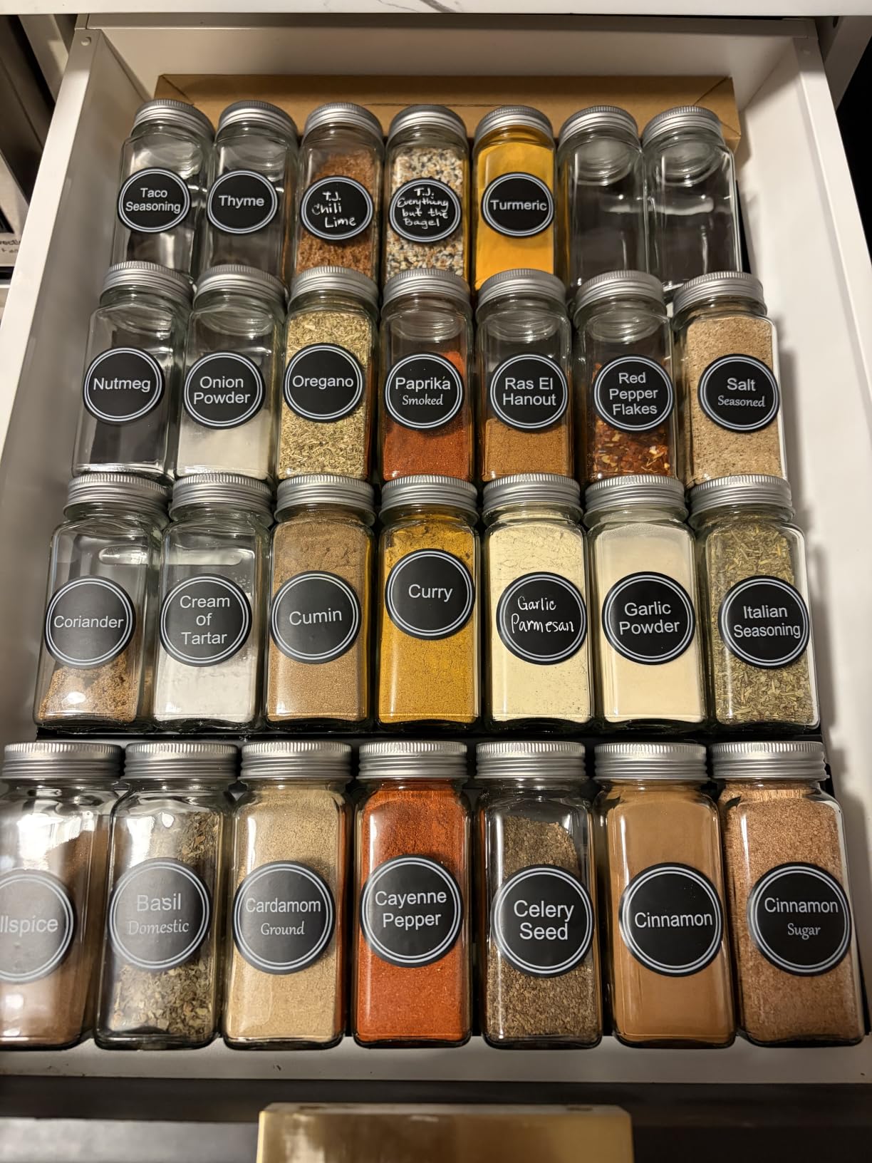 SpaceAid Spice Drawer Organizer with 28 Spice Jars, 386 Spice Labels, 4 Tier Seasoning Rack Tray Insert for Kitchen Drawers, 13