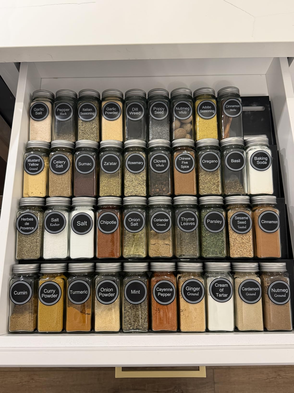 SpaceAid Spice Drawer Organizer with 28 Spice Jars, 386 Spice Labels, 4 Tier Seasoning Rack Tray Insert for Kitchen Drawers, 13