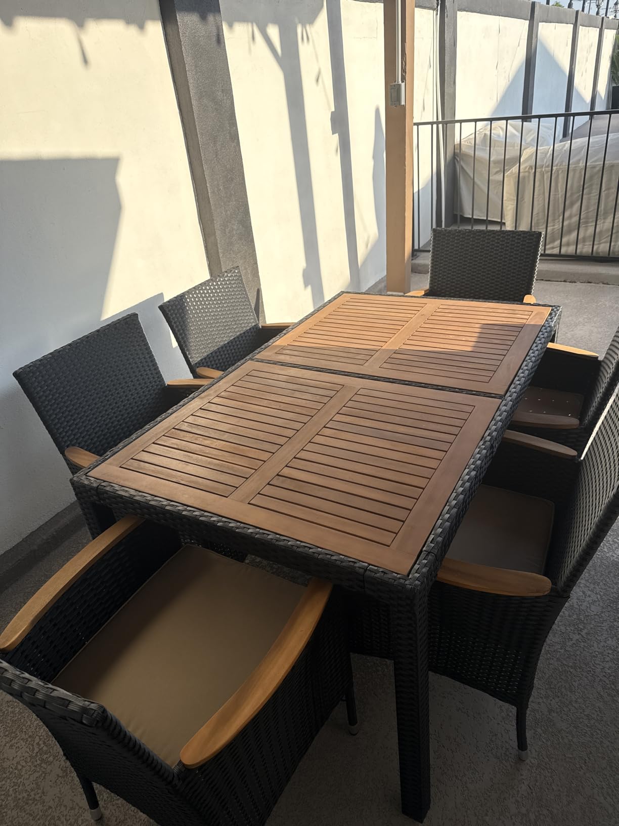 Devoko 7 PCS Acacia Wood Patio Dining Set, Black Rattan | Outdoor Patio Furniture Set, Patio Dining Table Set for 6, Patio Table and Chairs Set For Garden Backyard Pool Side customer photo 1