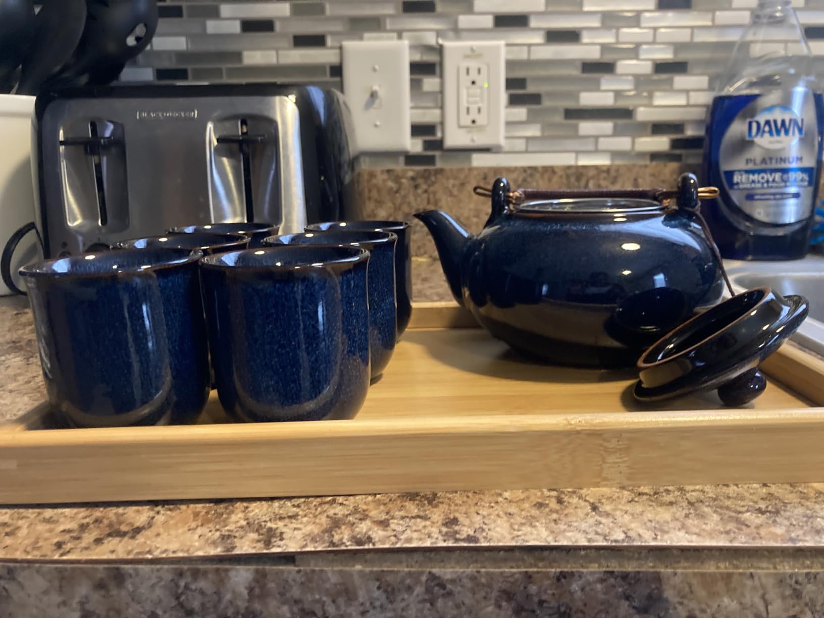 DUJUST Japanese Tea Set for 6, Kiln Altered Glaze Porcelain Tea Set with 1 Teapot, 6 Tea Cups & 1 Tea Tray, Unique Chinese Tea Sets for Adults/Tea Lovers/Women/Men, Dark Blue customer photo 1
