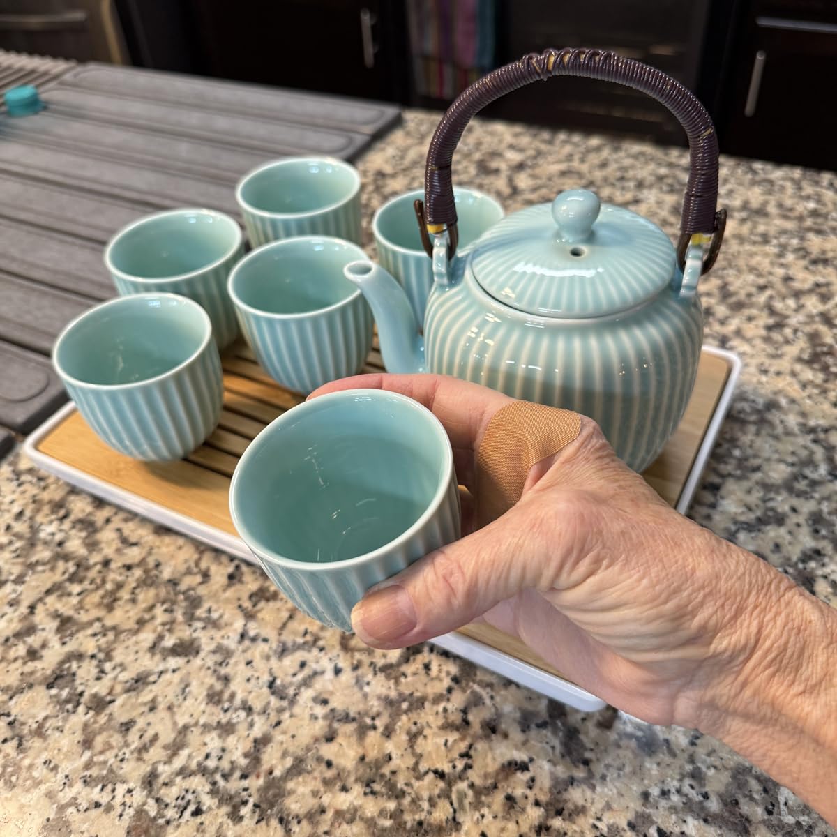 DUJUST Japanese Tea Set for 6, Kiln Altered Glaze Porcelain Tea Set with 1 Teapot, 6 Tea Cups & 1 Tea Tray, Unique Chinese Tea Sets for Adults/Tea Lovers/Women/Men, Dark Blue customer photo 2