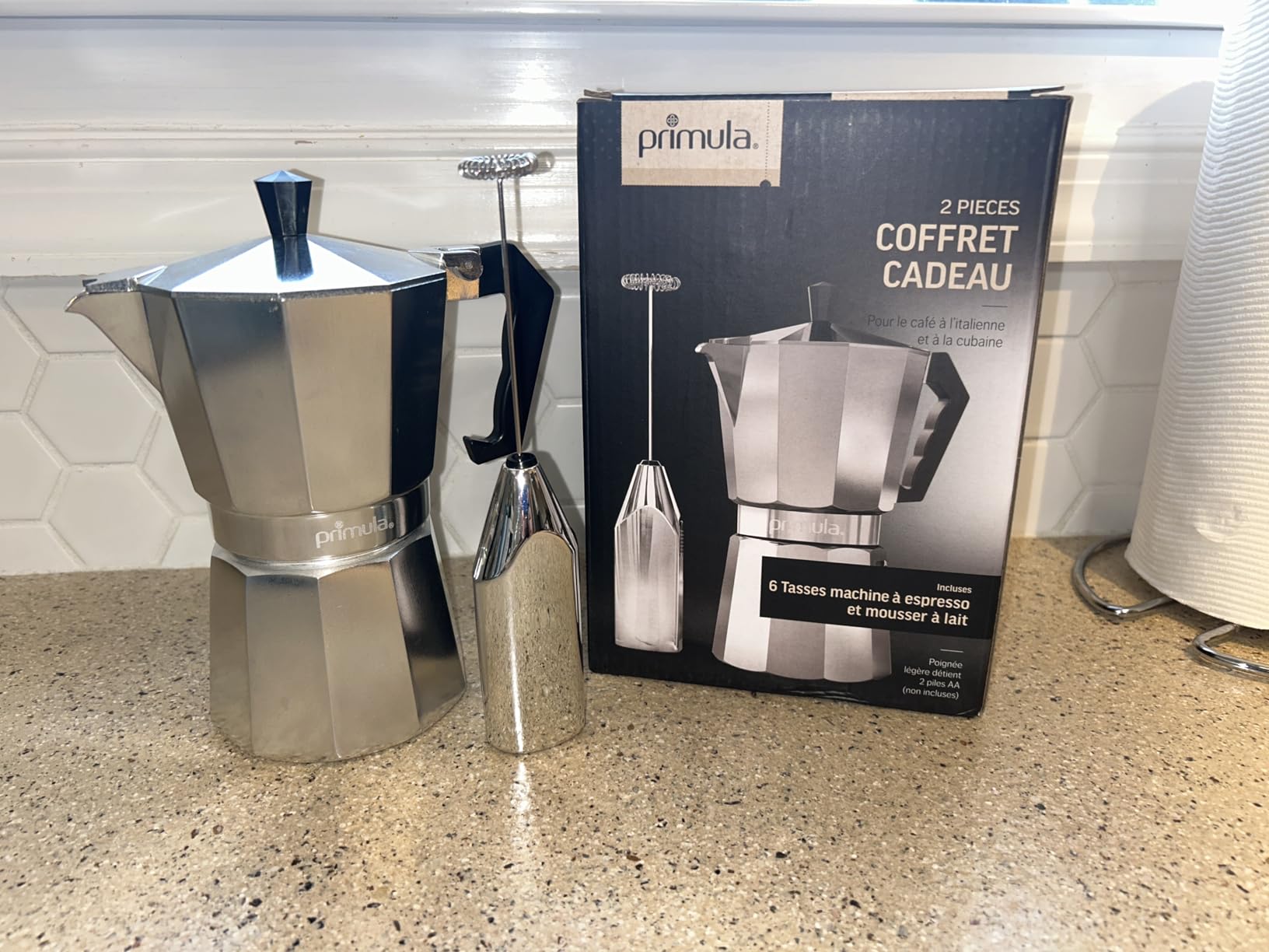 Primula Stovetop Espresso Maker and Handheld Electric Milk Frother Gift Set, Moka Pot for Classic Italian and Cuban Coffee, Cafetera, 6 Espresso Cups, Silver customer photo 2