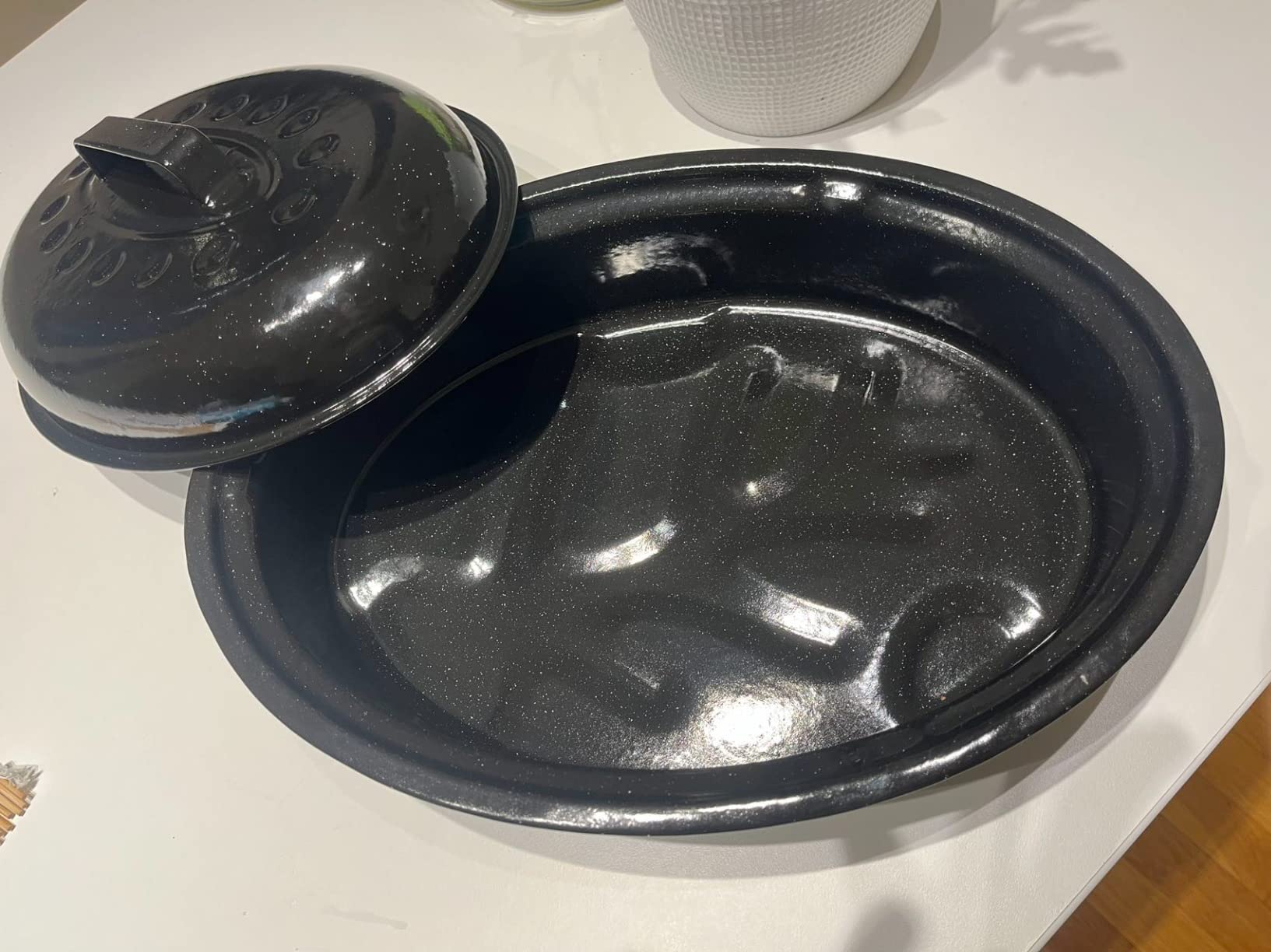 Roasting Pan 18.3 inch Roaster Pan Set with Lid Enamel Carbon Steel Nonstick Black for Turkey Chicken Cookware customer photo 1