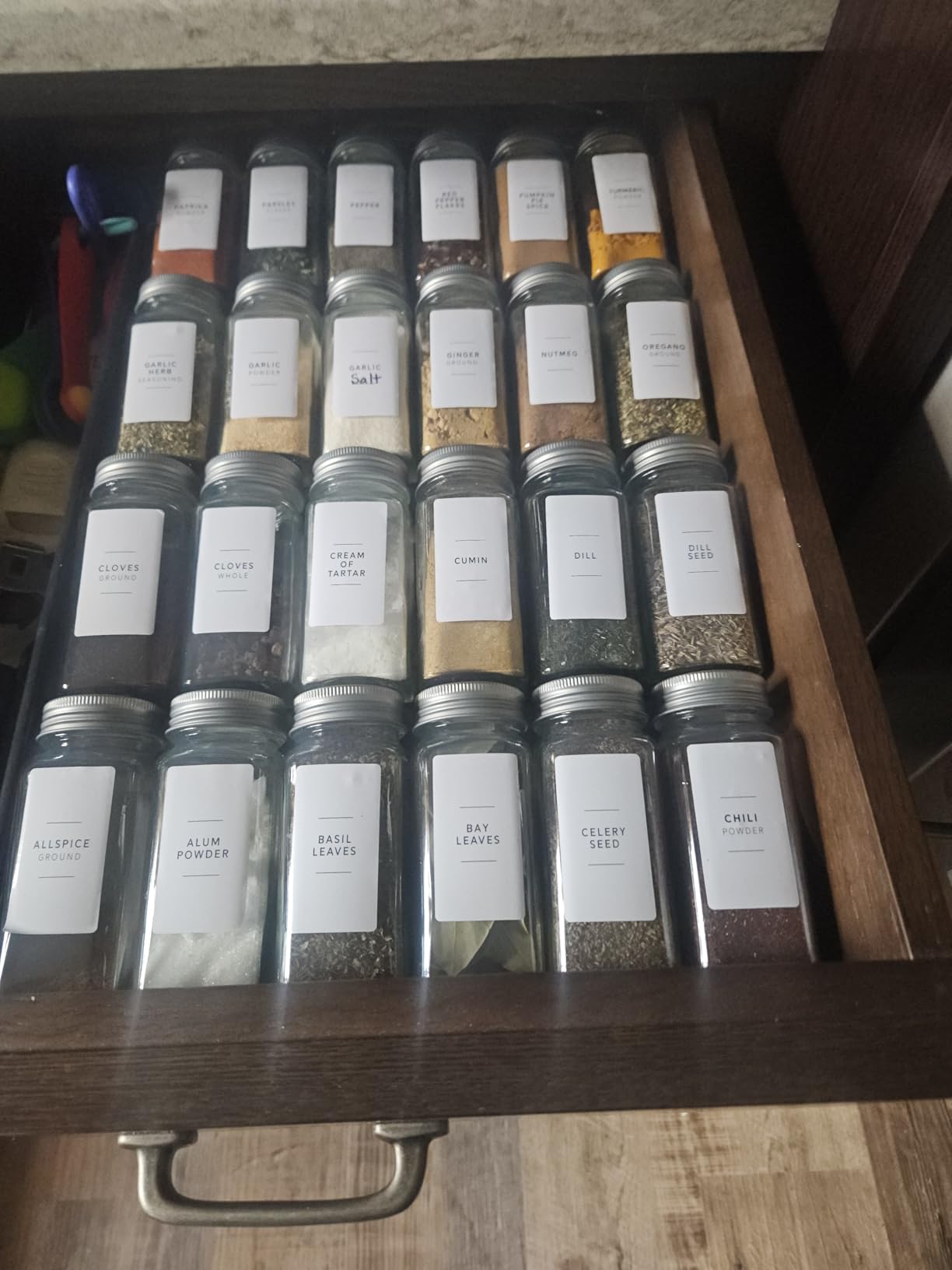 SpaceAid Spice Drawer Organizer with 24 Spice Jars, 378 White Minimalist Spice Labels, 4 Tier Seasoning Rack Tray Insert for Kitchen Drawers, 11.25