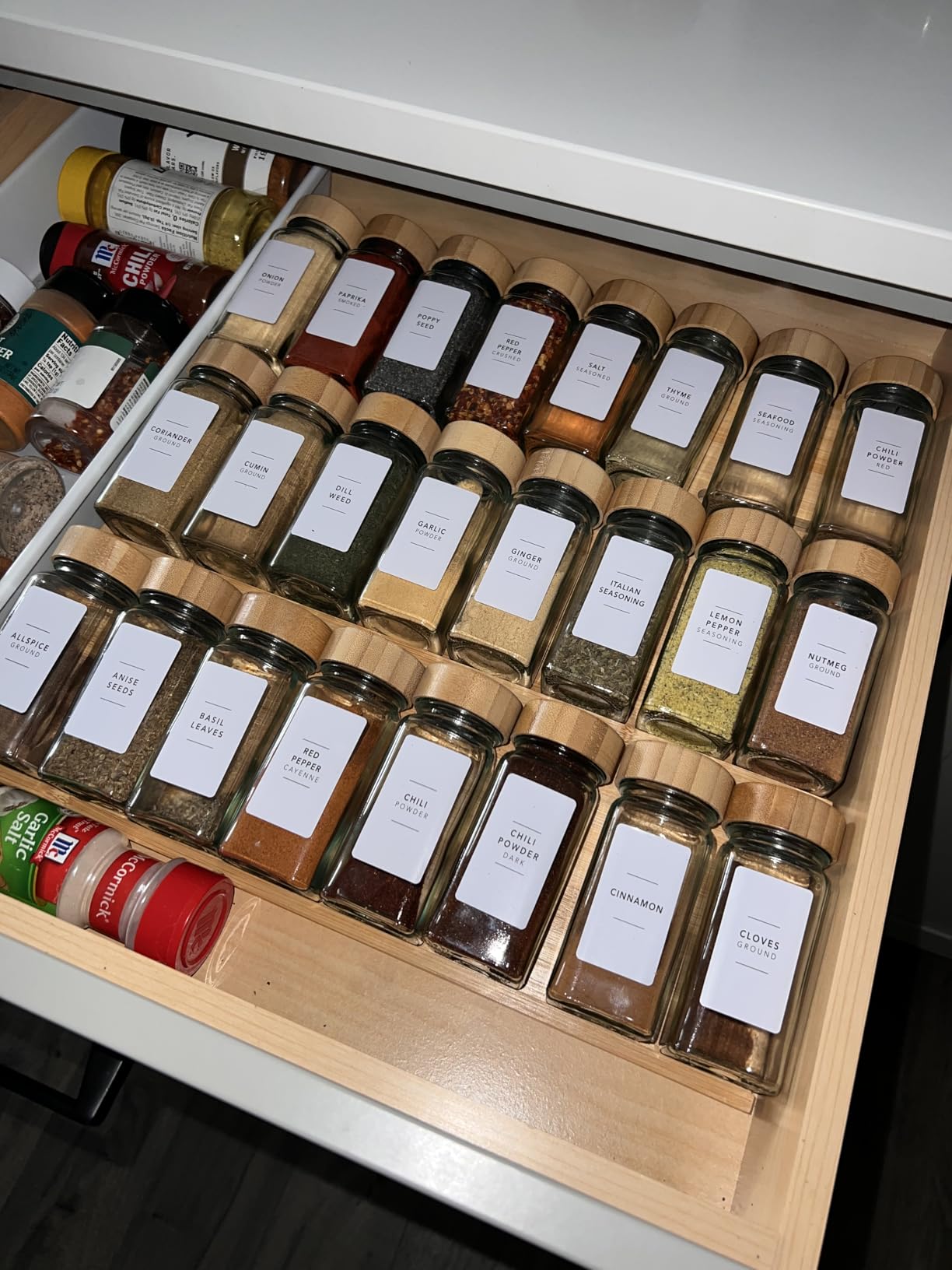 SpaceAid Bamboo Spice Drawer Organizer with 24 Spice Jars, 378 White Minimalist Spice Labels, 3 Tier Seasoning Rack Tray Insert for Kitchen Drawers, 15
