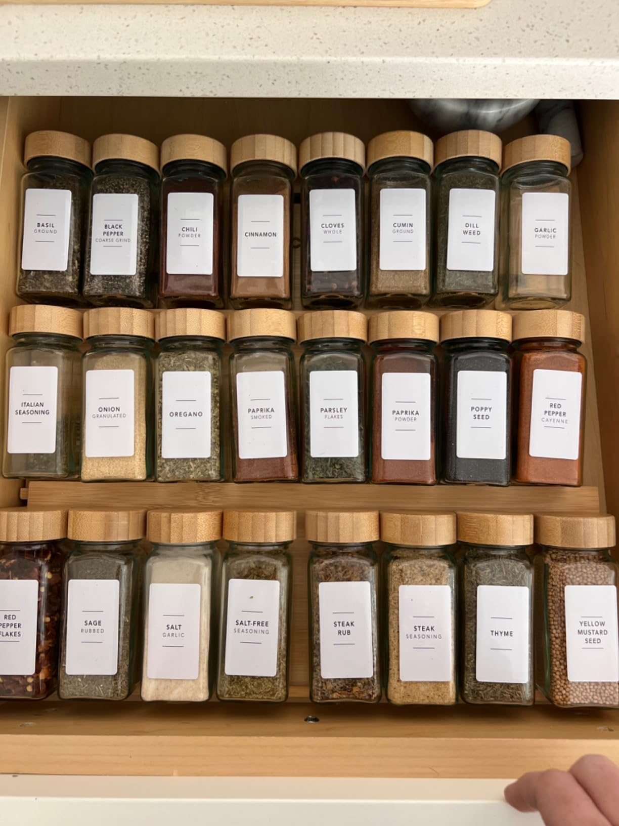 SpaceAid Bamboo Spice Drawer Organizer with 24 Spice Jars, 378 White Minimalist Spice Labels, 3 Tier Seasoning Rack Tray Insert for Kitchen Drawers, 15