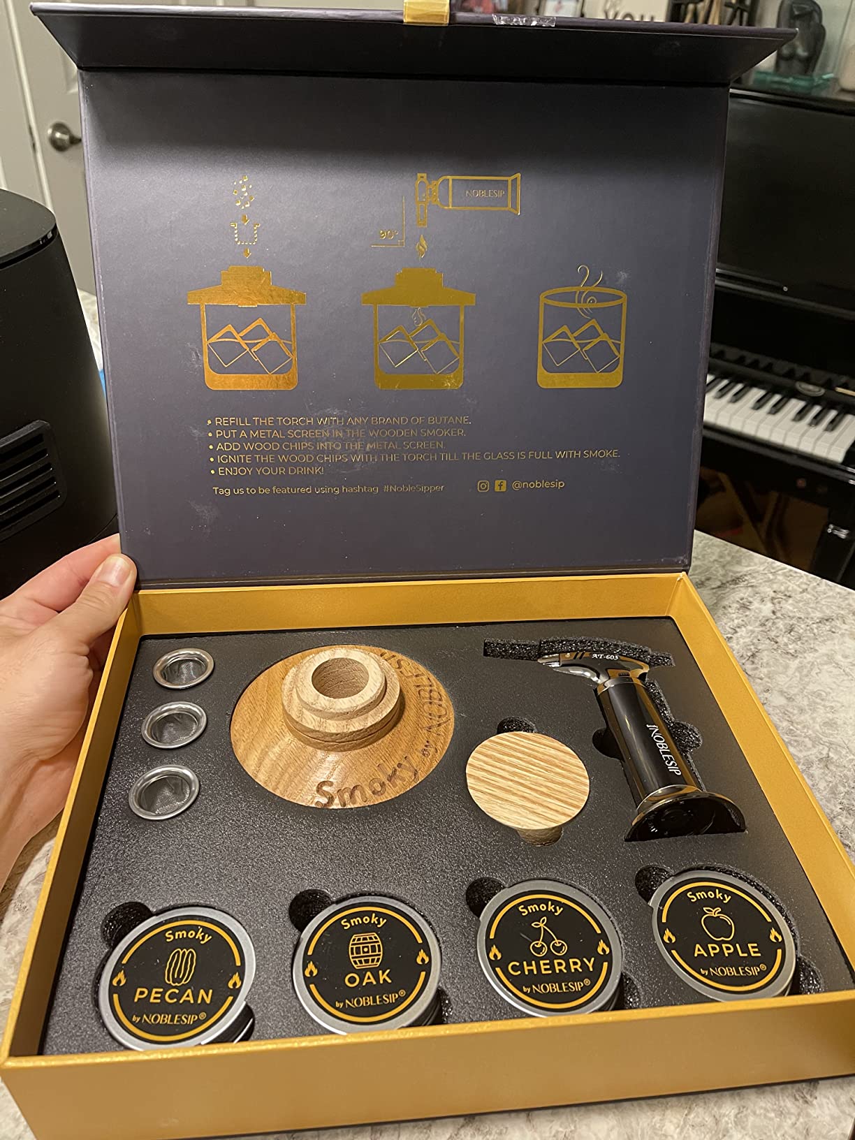 NOBLESIP Whiskey Bourbon Cocktail Smoker Kit PREMIUM Smoky 100% Natural American Oak Wood. Easy Craft Smoked Old Fashioneds at Home Like a pro. Bar Gift Box (Original - not Engraved) customer photo 2