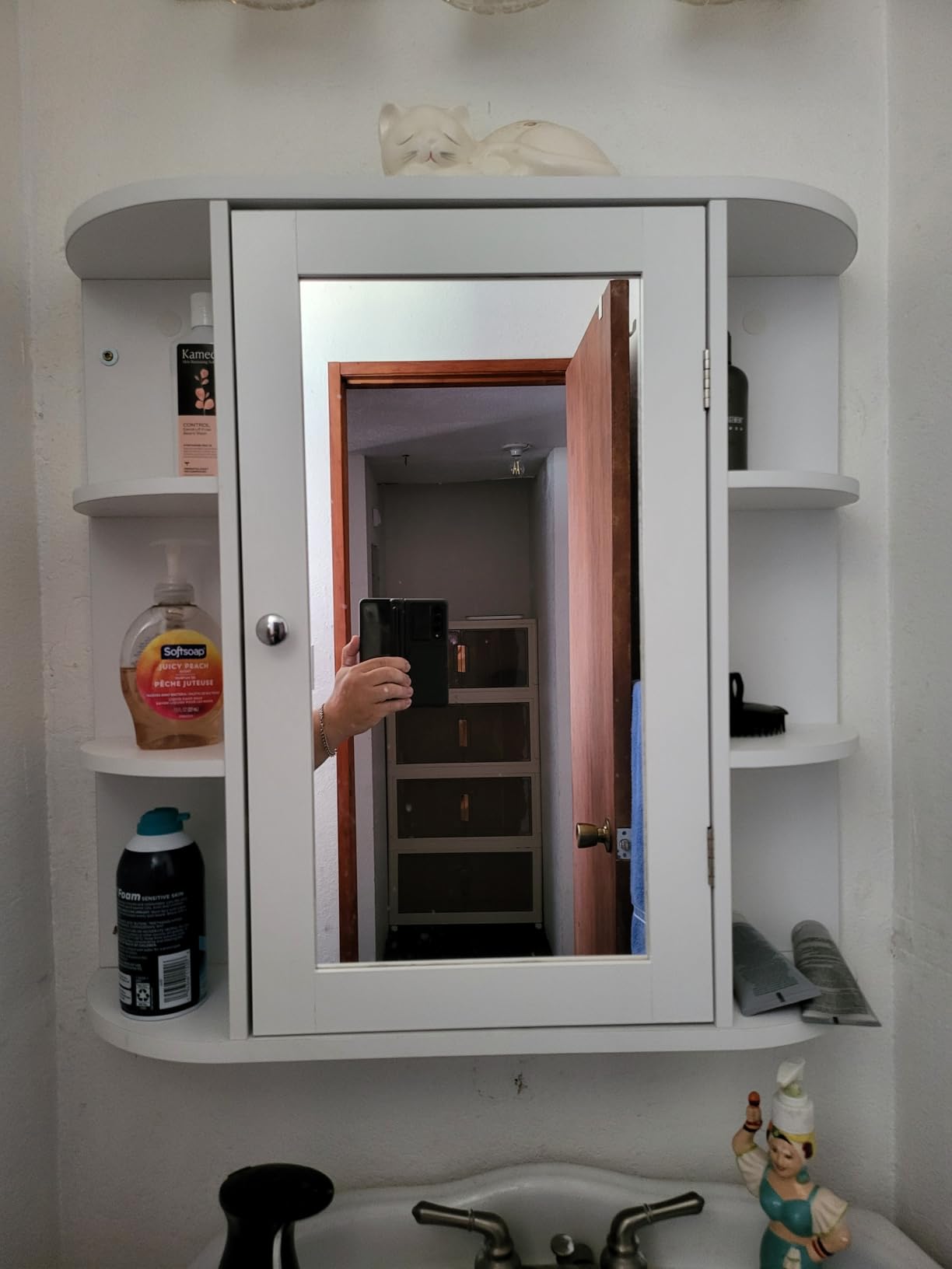 Iwell Bathroom Medicine Cabinet with Mirror, Bathroom Wall Cabinet with 2 Adjustable Shelves & 6 Open Shelves, Medicine Cabinet Organizer, White customer photo 1