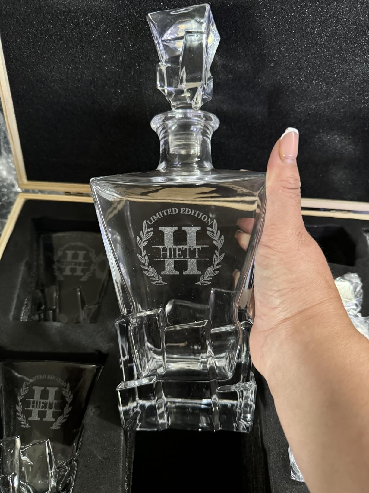 Personalized Rocks Whiskey Decanter and Stones Set | Customized Gift for Men, Dad, Father - Engraved Whiskey Decanter, 2 XL Glasses, 8 Whisky Cubes, Coasters in Wooden Gift Box customer photo 2