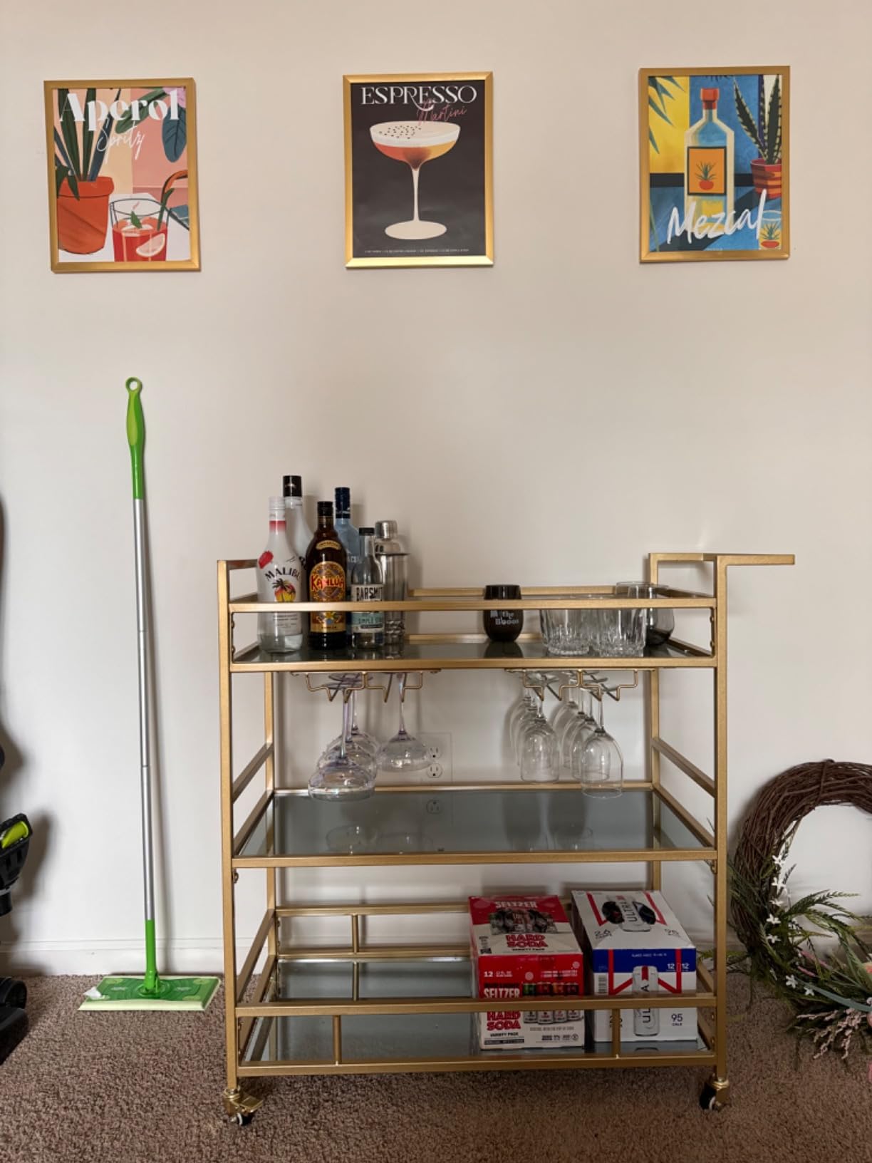 Gold Bar Carts with 3 Tier Glass Shelves, Rolling Serving Bar Cart with Wine Rack and Glass Holder, Home Bar Carts & Wine Carts on Wheels for Kitchen, Indoor & Outdoor customer photo 2