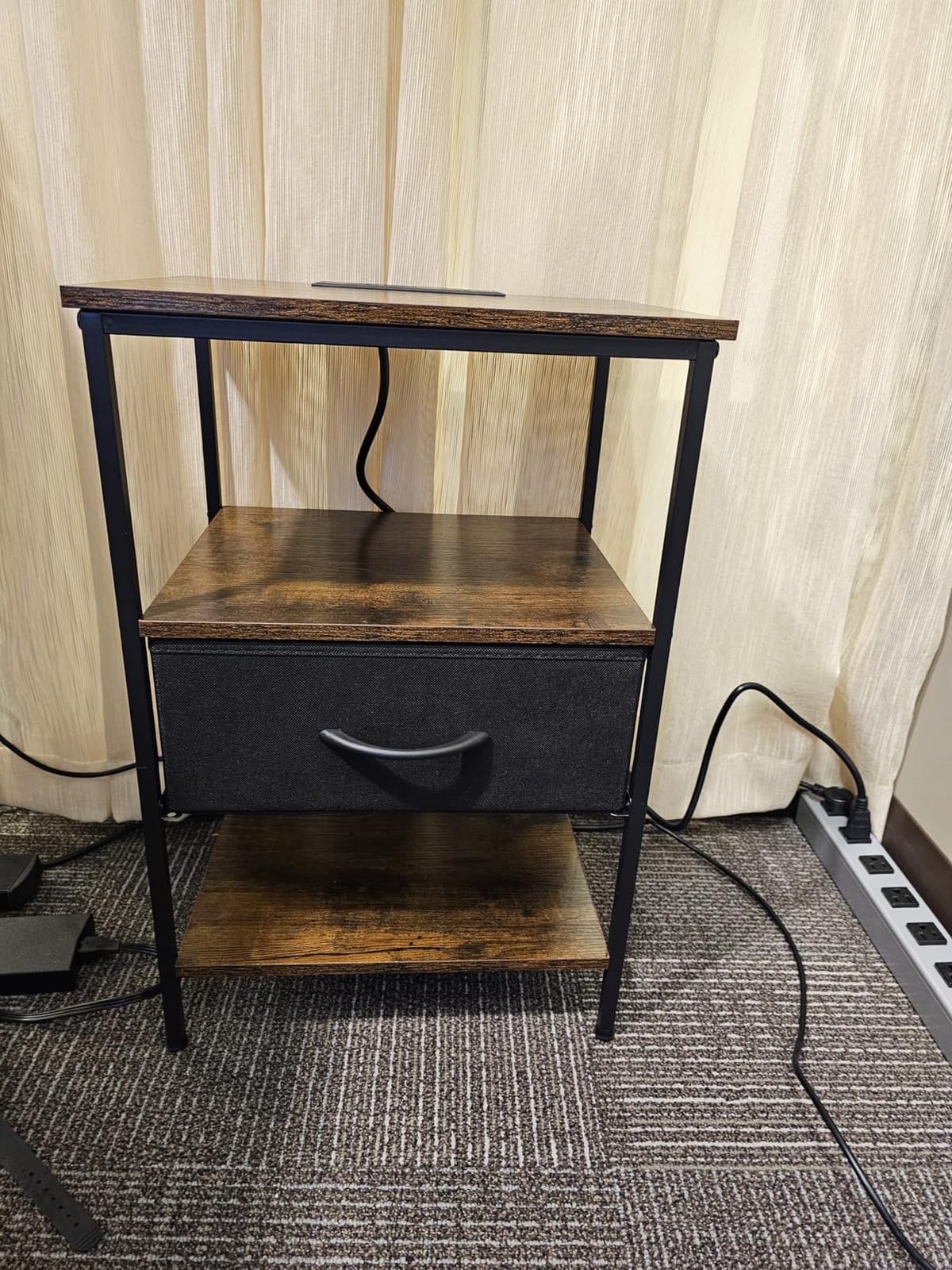 SUPERJARE Nightstand with Charging Station, Bed Side Table with Adjustable Fabric Drawer, Night Stand for Bedroom, 3-Tier Storage End Table, for Living Room, Rustic Brown and Black customer photo 1