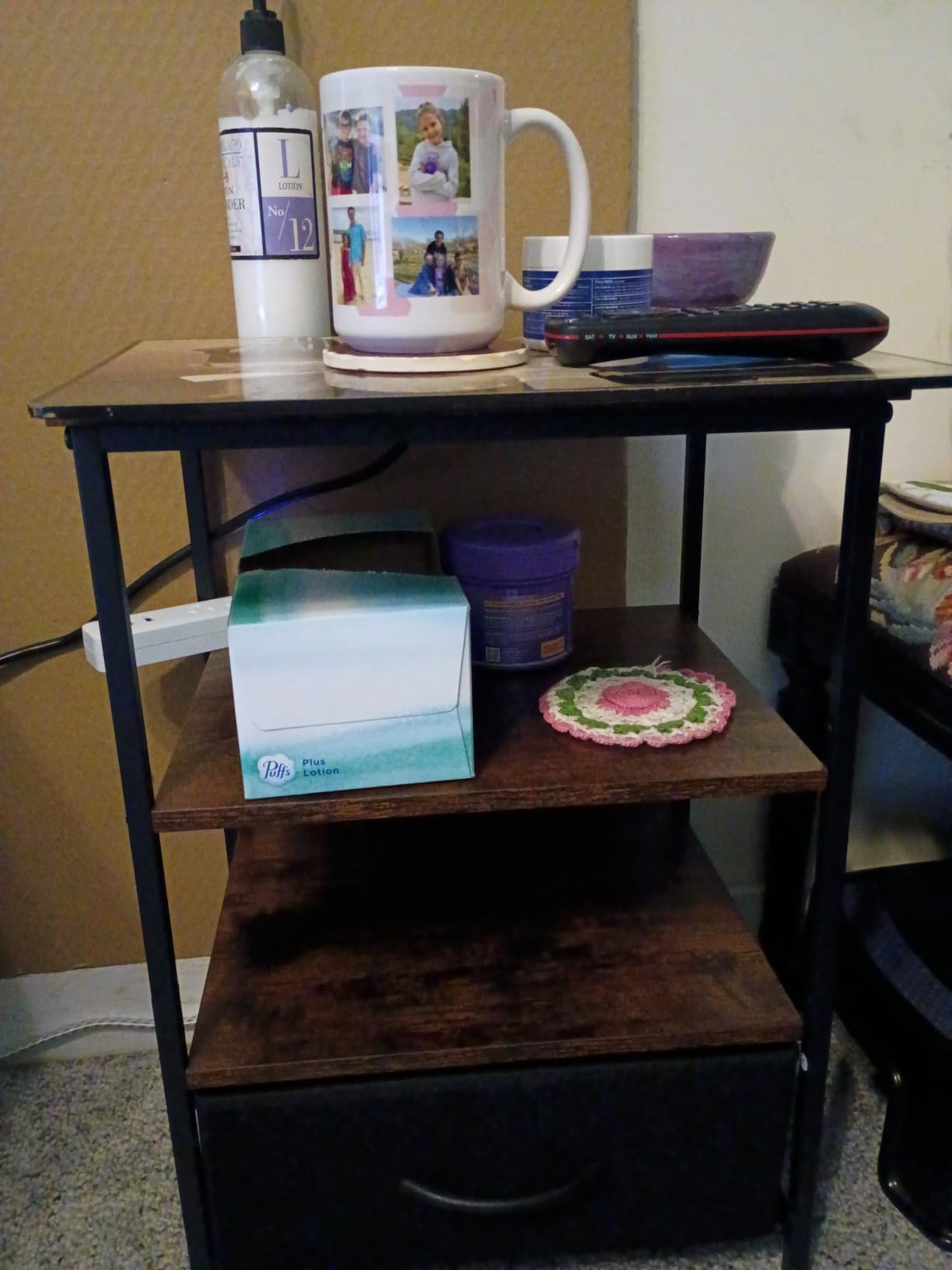 SUPERJARE Nightstand with Charging Station, Bed Side Table with Adjustable Fabric Drawer, Night Stand for Bedroom, 3-Tier Storage End Table, for Living Room, Rustic Brown and Black customer photo 2