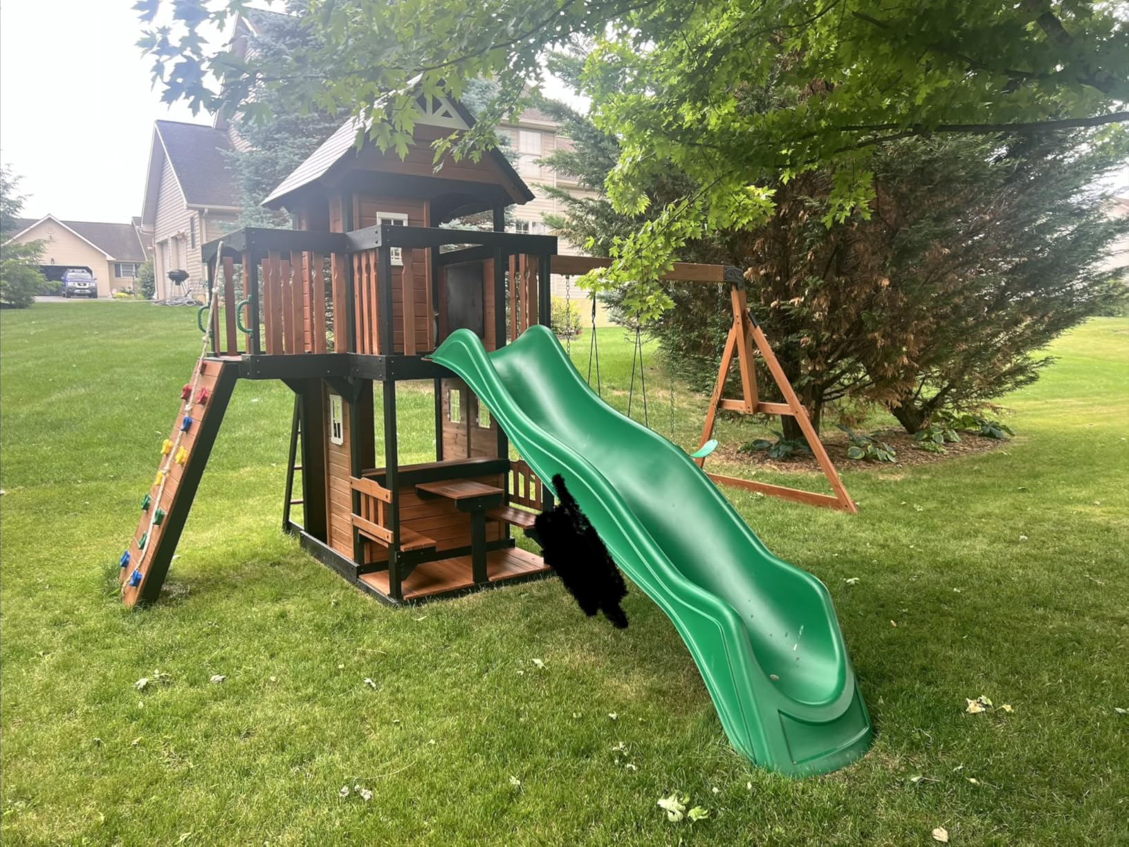 Backyard Discovery Canyon Creek Cedar Wood Swing Set with Wave Slide, Clubhouse, Play Kitchen, Picnic Area, Belt Swings, Web Swing, Rock Wall, Balconies, Playhouse, Step Ladder, Outdoor Playset customer photo 2