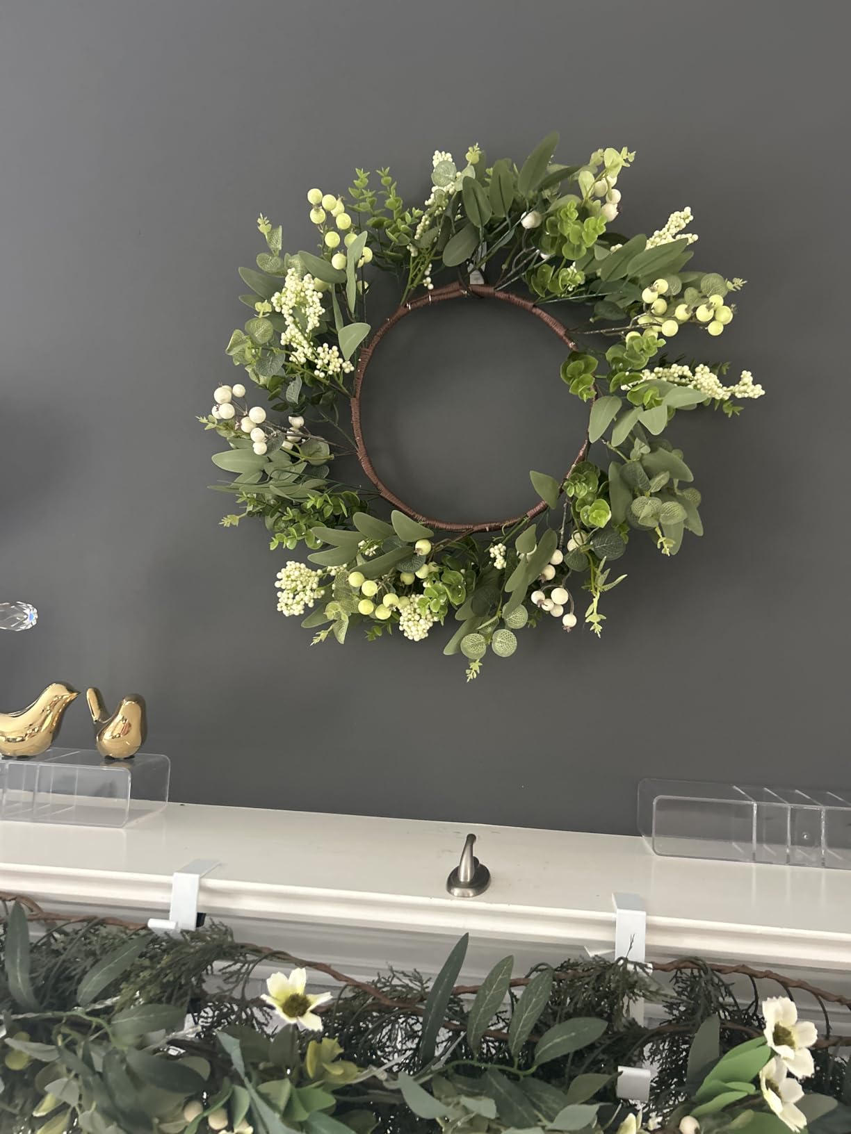 Vlorart Artificial Spring Summer Christmas Greenery Wreaths for Front Door Green Eucalyptus Leaf Wreath Decor Boxwood with Big Berries for Farmhouse Outside Year Round customer photo 2