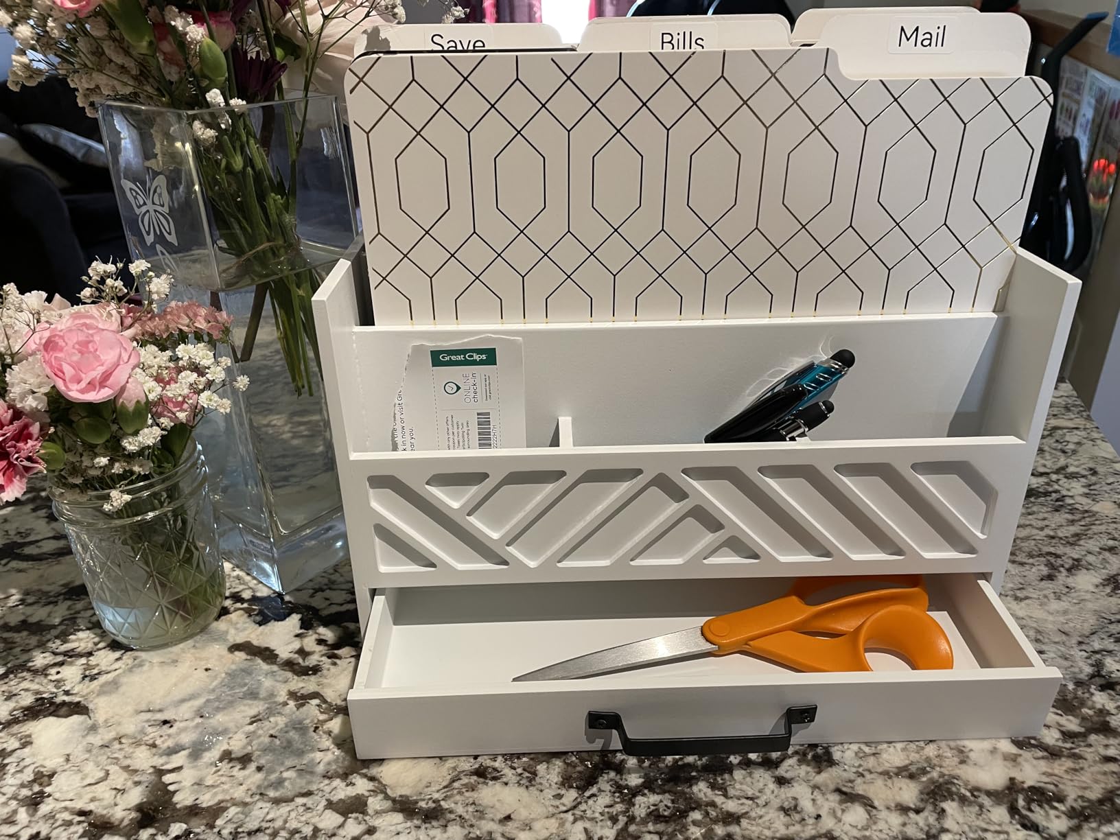 BLU MONACO White Wooden Desk Organizer & Mail Organizer with Drawer & Gold Handle, Mail Sorter Countertop, 6 Compartments, White Desktop Organizer for Desk customer photo 1