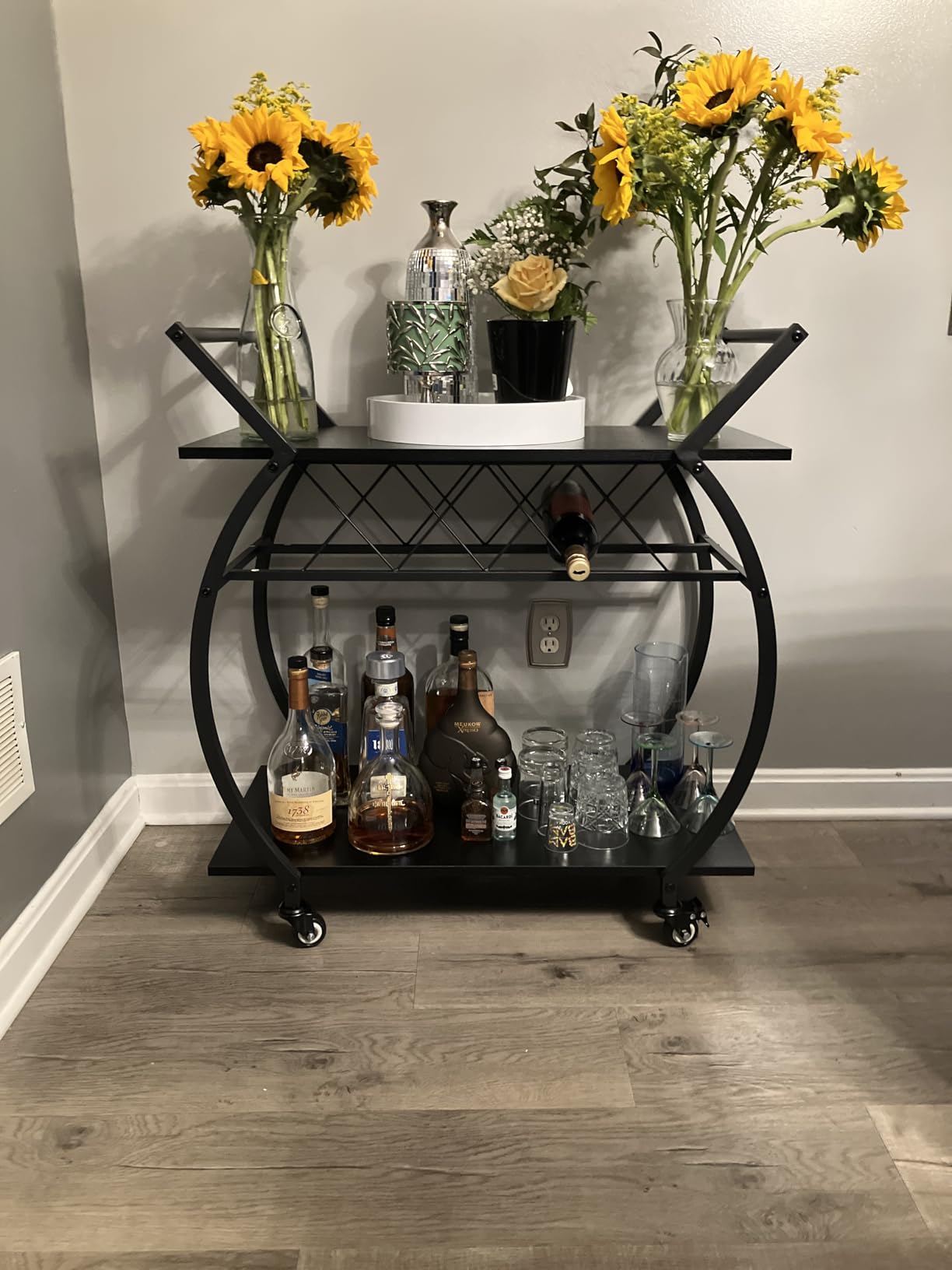 LVB Black Bar Cart with Wheels, Industrial Wine Cart with Storage for Home | Modern Bar Cart with Wine Rack, Beverage Rolling Kitchen Serving Cart, Wooden Microwave Drink Liquor Cart for Dining Room customer photo 2