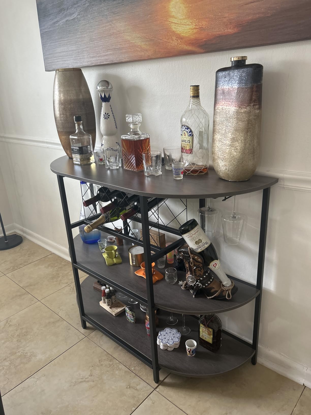 Zarler Bar Cart with Power Outlet Easy to Assemble, LED Home Bar Cabinet for Liquor, 47.3