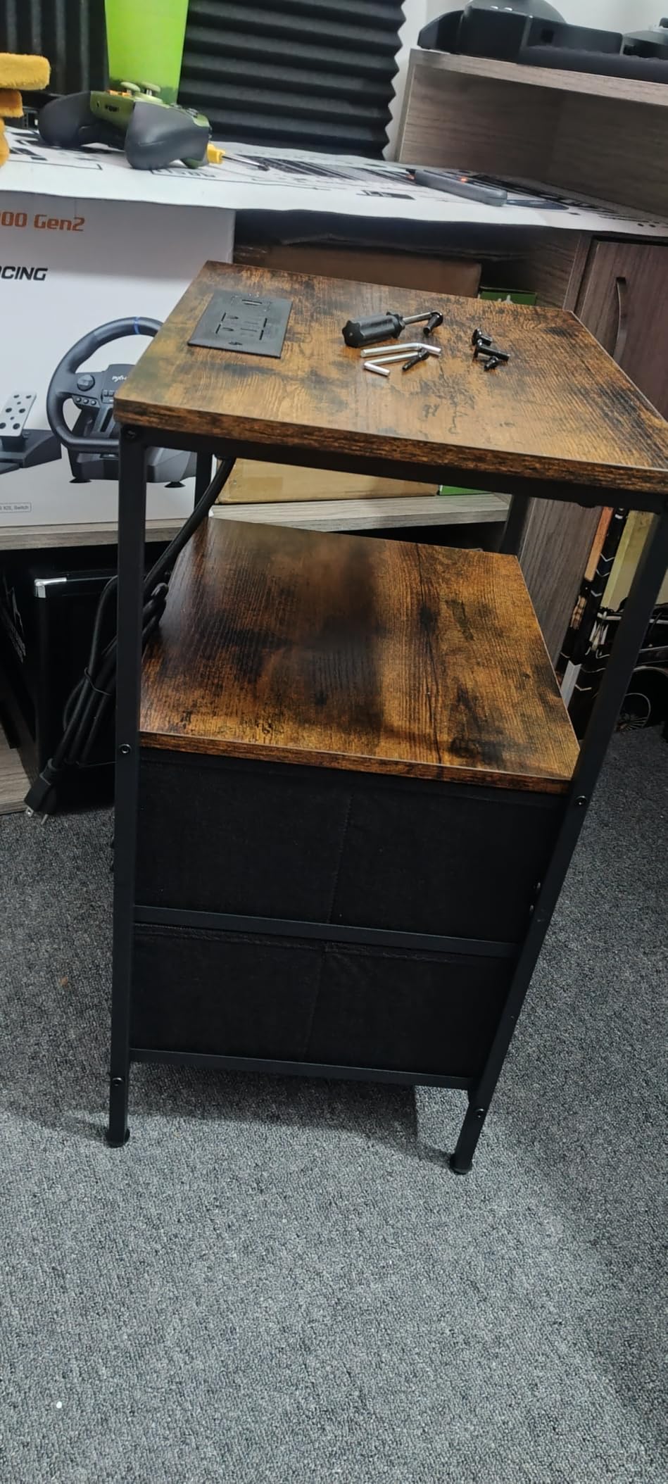 Huuger Nightstand with Charging Station, Side Table with Fabric Drawers | End Table with Open Shelf, Bedside Table with USB Ports and Outlets, Night Stand for Bedroom, Rustic Brown and Black customer photo 1
