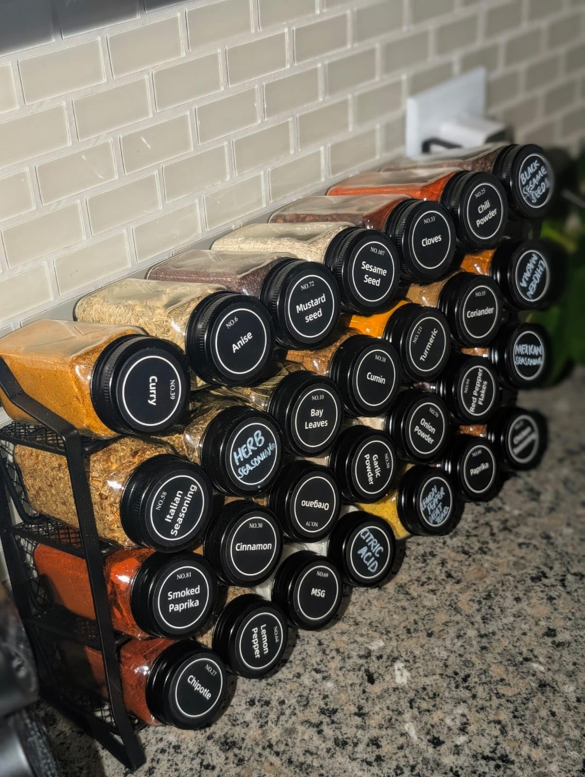 AOZITA Spice Rack Organizer for Cabinet, Spice Organizer with 28 Empty Spice Jars with Black Lids, Funnel, Spice Labels, Seasoning Organizer for Countertop, Cabinet, Kitchen, Pantry, Cupboard customer photo 2