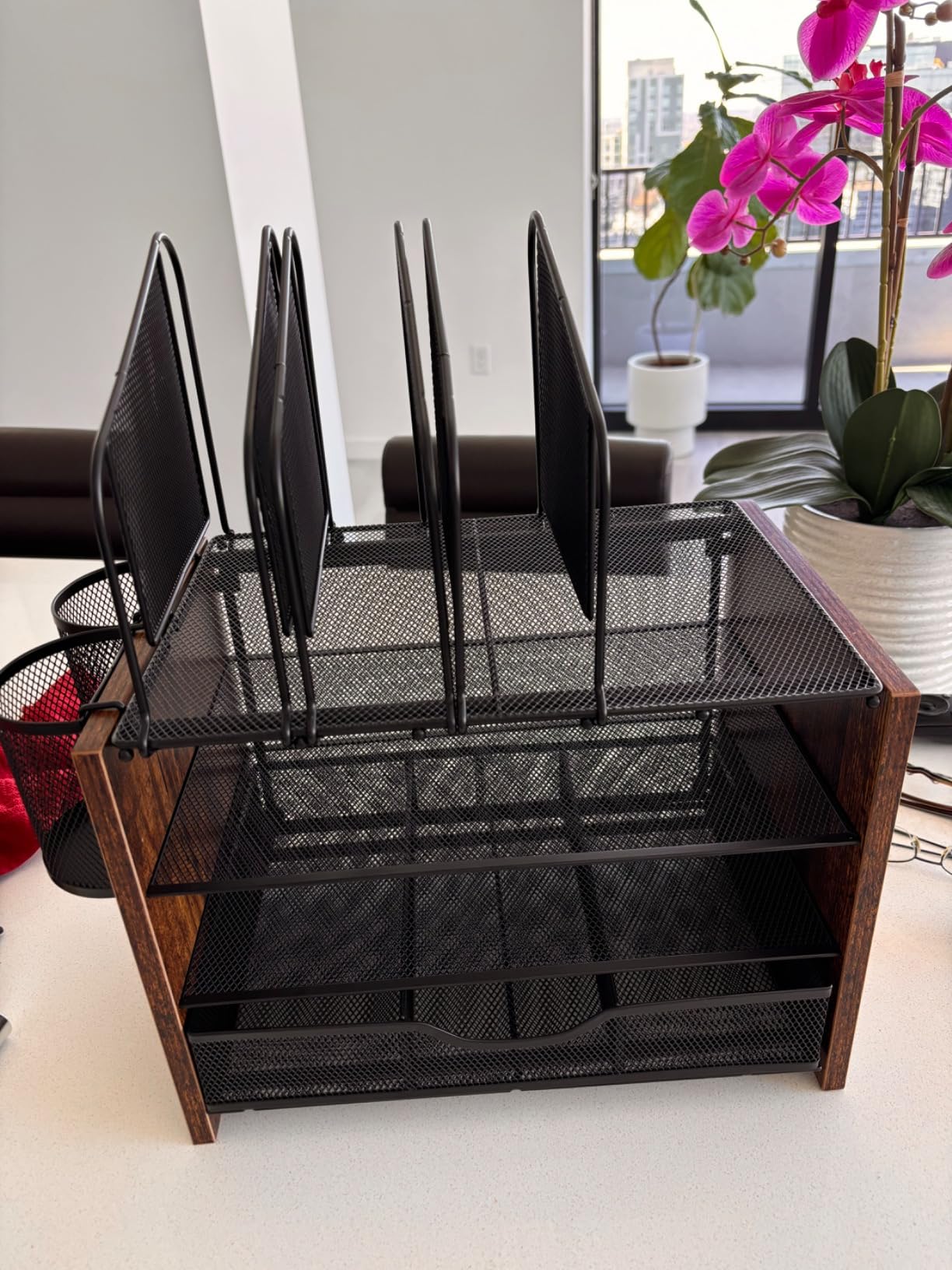 DAOUTIME 4-Tier Mesh Desk Organizer, Wooden Desk File Organizer with 5 Vertical File Holders and 2 Pen Holders, Desktop Organizers and Accessories with Drawer for Home Office customer photo 1