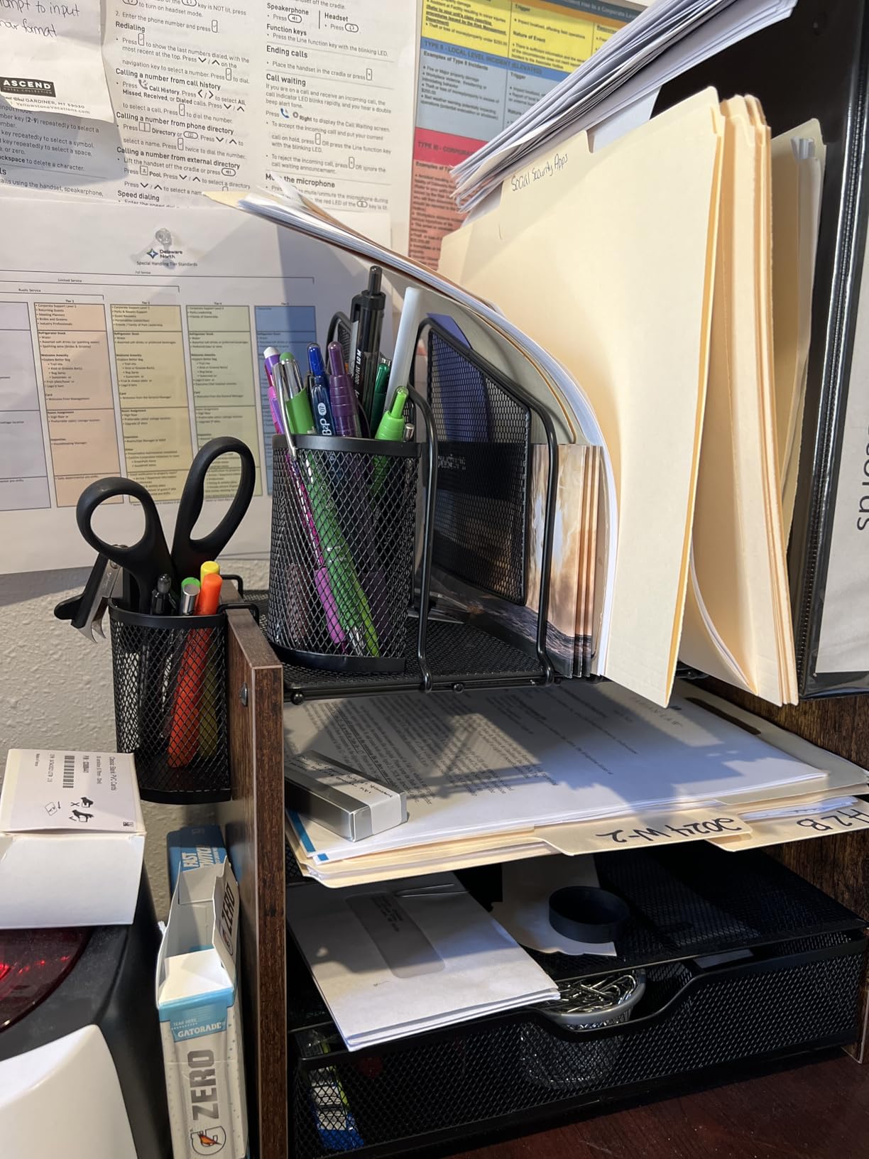 DAOUTIME 4-Tier Mesh Desk Organizer, Wooden Desk File Organizer with 5 Vertical File Holders and 2 Pen Holders, Desktop Organizers and Accessories with Drawer for Home Office customer photo 2