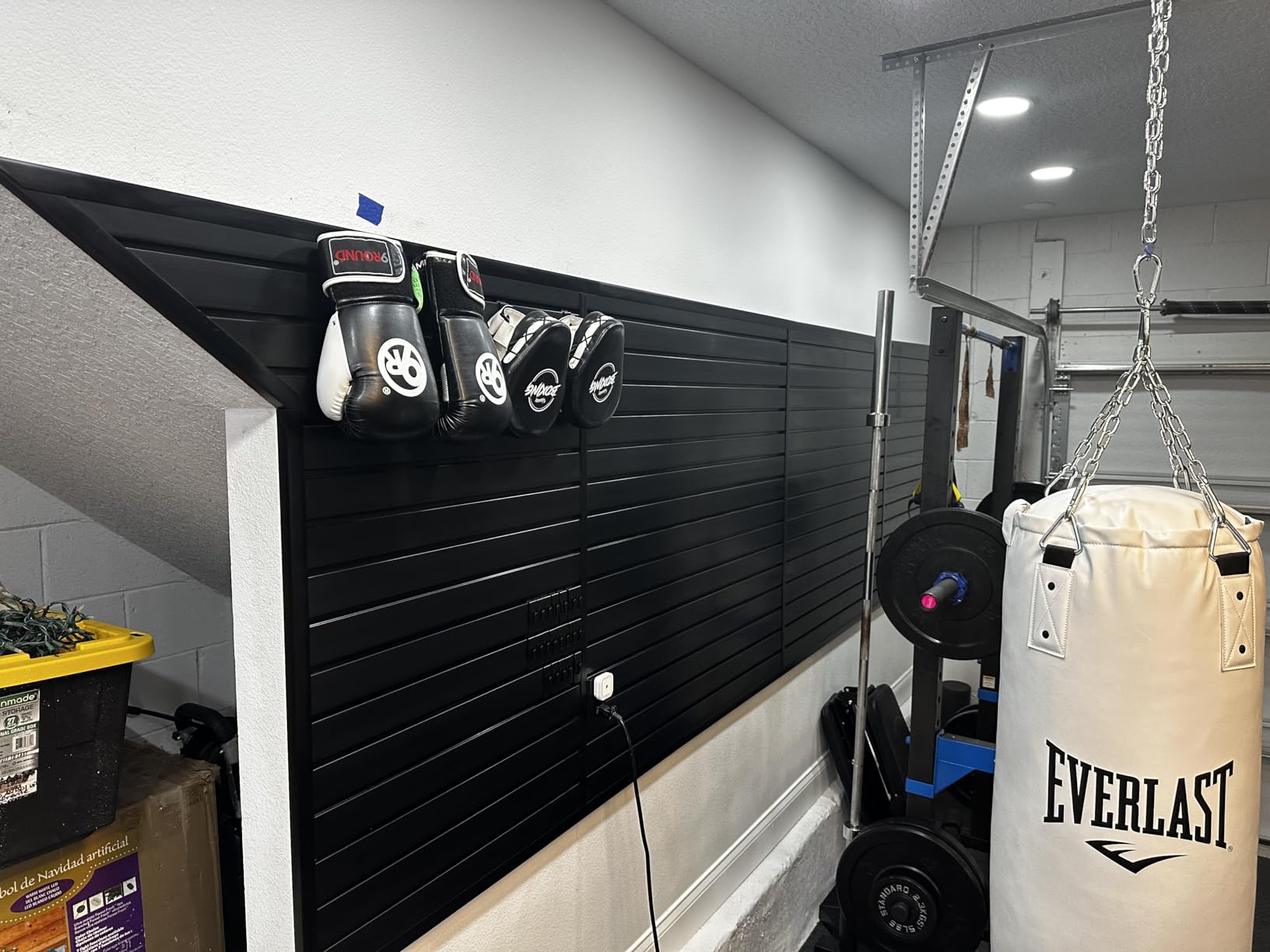 FRAYSCENT Slat Wall Paneling Garage Wall Organizer, Slatwall Panels Garage Tool Organizer Wall Mount Garage Slat Wall Storage Systems, Slat Board PVC Wall Panels Garage Storage (Black, 8ftx4ft) customer photo 2