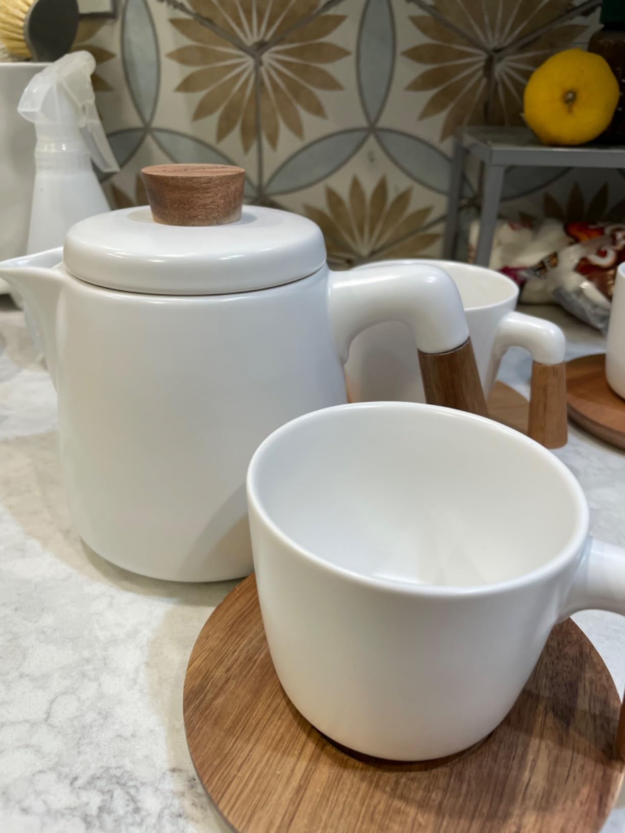 MIAMIO - 34 Oz Ceramic Tea Pot Set with Infuser and Cups/Tea Strainer, 4 Ceramic Tea Mugs (10 Oz), Bamboo Saucers/Handle for Home and Office (White) customer photo 2
