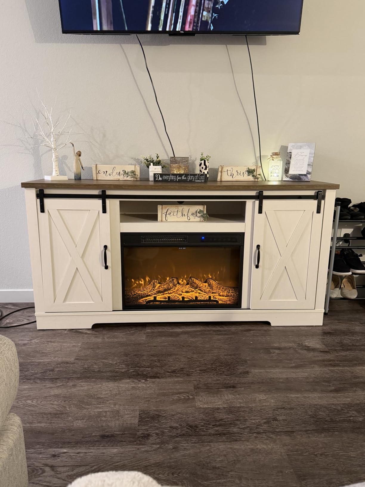 AMERLIFE Fireplace TV Stand with Sliding Barn Door for TVs up to 75