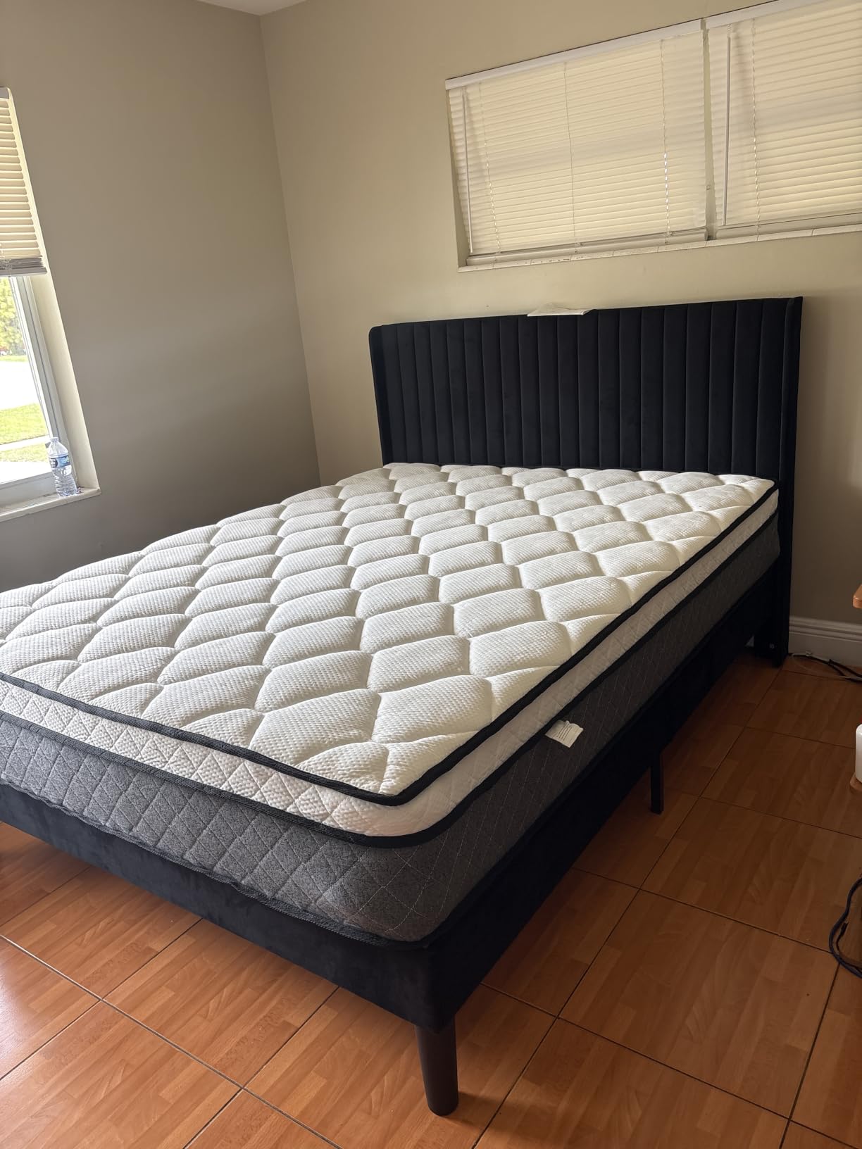 Allewie Queen Size Velvet Bed Frame/Vertical Channel Tufted Wingback Headboard/Upholstered Platform Bed/Strong Wooden Slats/No Box Spring Needed/Easy Assembly/White customer photo 2