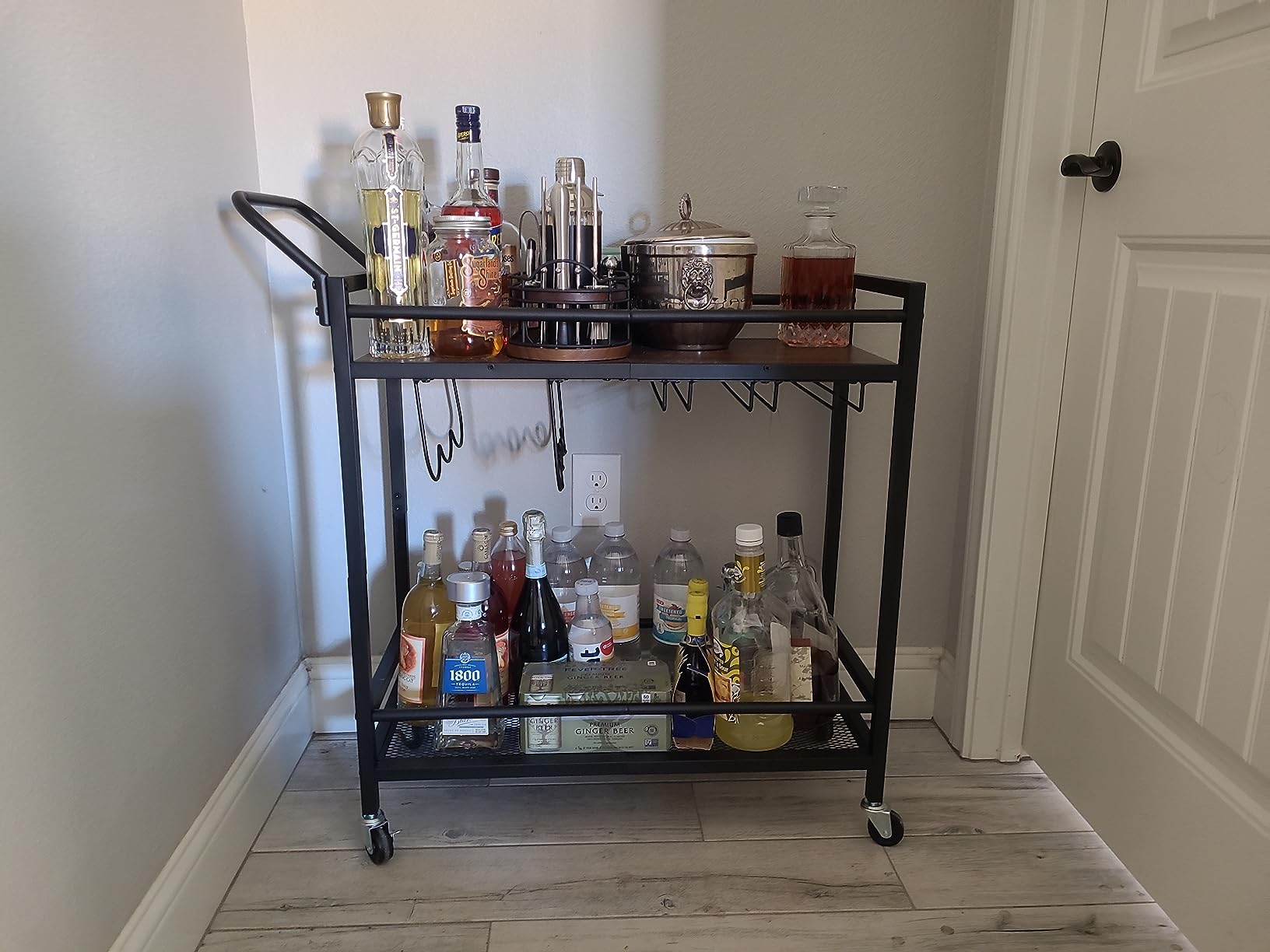 LAATOOREE Bar Cart, Two-Color Home Bar Serving Cart, Mobile Drink Beverage Cart with 2 Storage Shelves, Rolling Kitchen Cart with Wine Holder and Glass Holder, for Dinning Room, Living Room, Kitchen customer photo 2