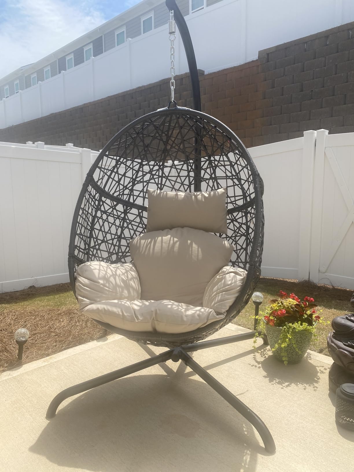 Swing Egg Chair with Stand, Bird Cage Patio Hanging Chair with Cushion, Large Swinging Chairs Indoor Outdoor, All-Weather 350lbs Eggshell Basket Seat for Porch, Backyard, Dark Grey customer photo 1
