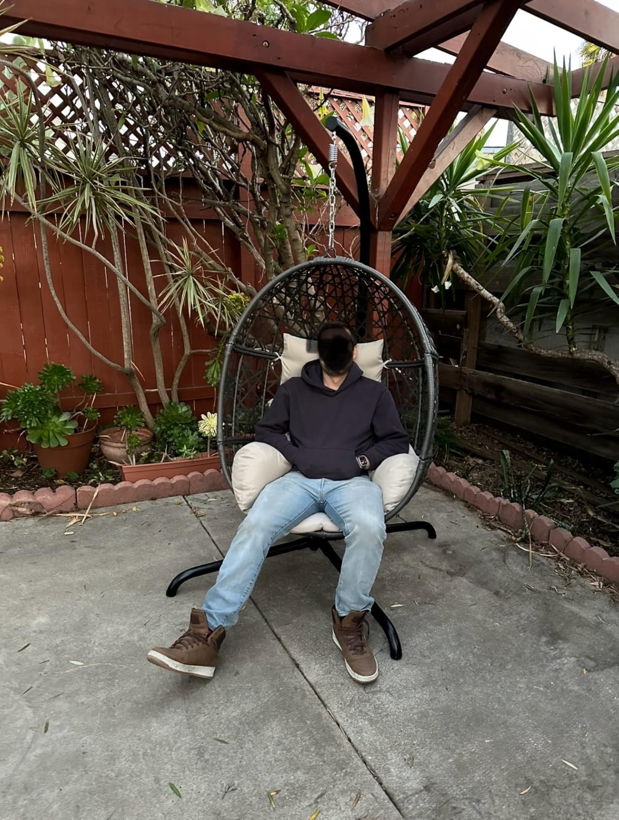 Swing Egg Chair with Stand, Bird Cage Patio Hanging Chair with Cushion, Large Swinging Chairs Indoor Outdoor, All-Weather 350lbs Eggshell Basket Seat for Porch, Backyard, Dark Grey customer photo 2