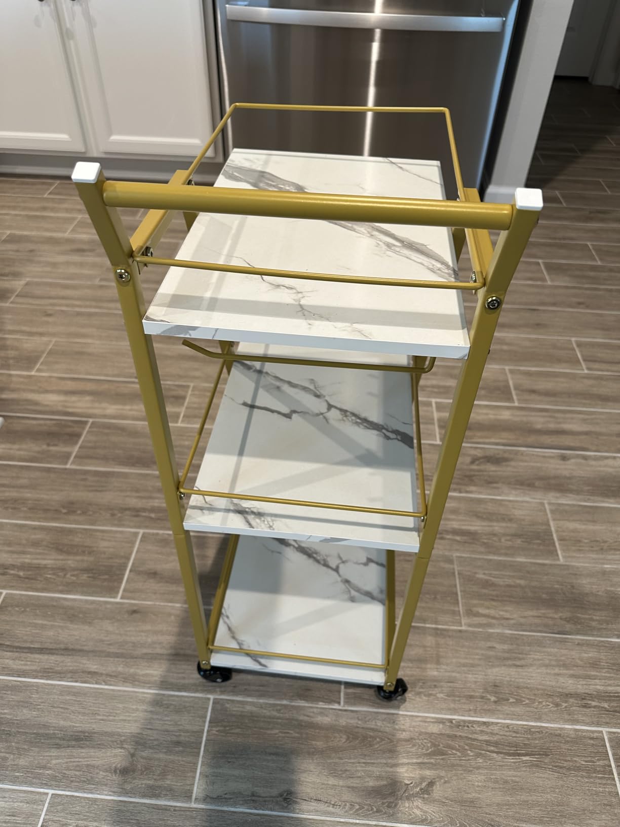 YATINEY Bar Cart, 3-Tier Home Bar Serving Cart with Wheels, Drink Cart with Glass Holder, Beverage Cart, Rolling Kitchen Cart, for Home, Living Room, Gold BC03DW customer photo 1